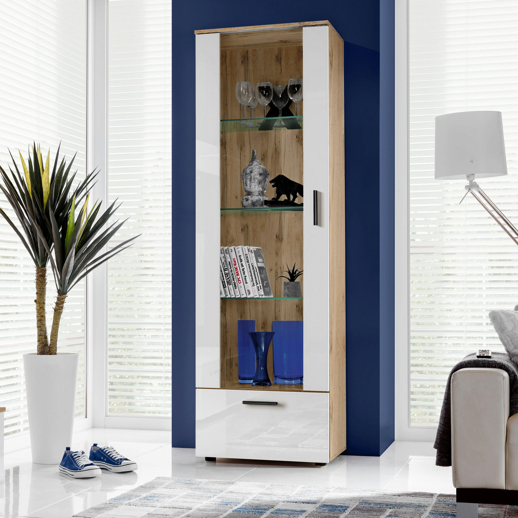 VITRINE ALESSANDRIA, Weiss - Eiche Wotan/Schwarz, Glas/Holzwerkstoff (60/192/42cm) - Komodee