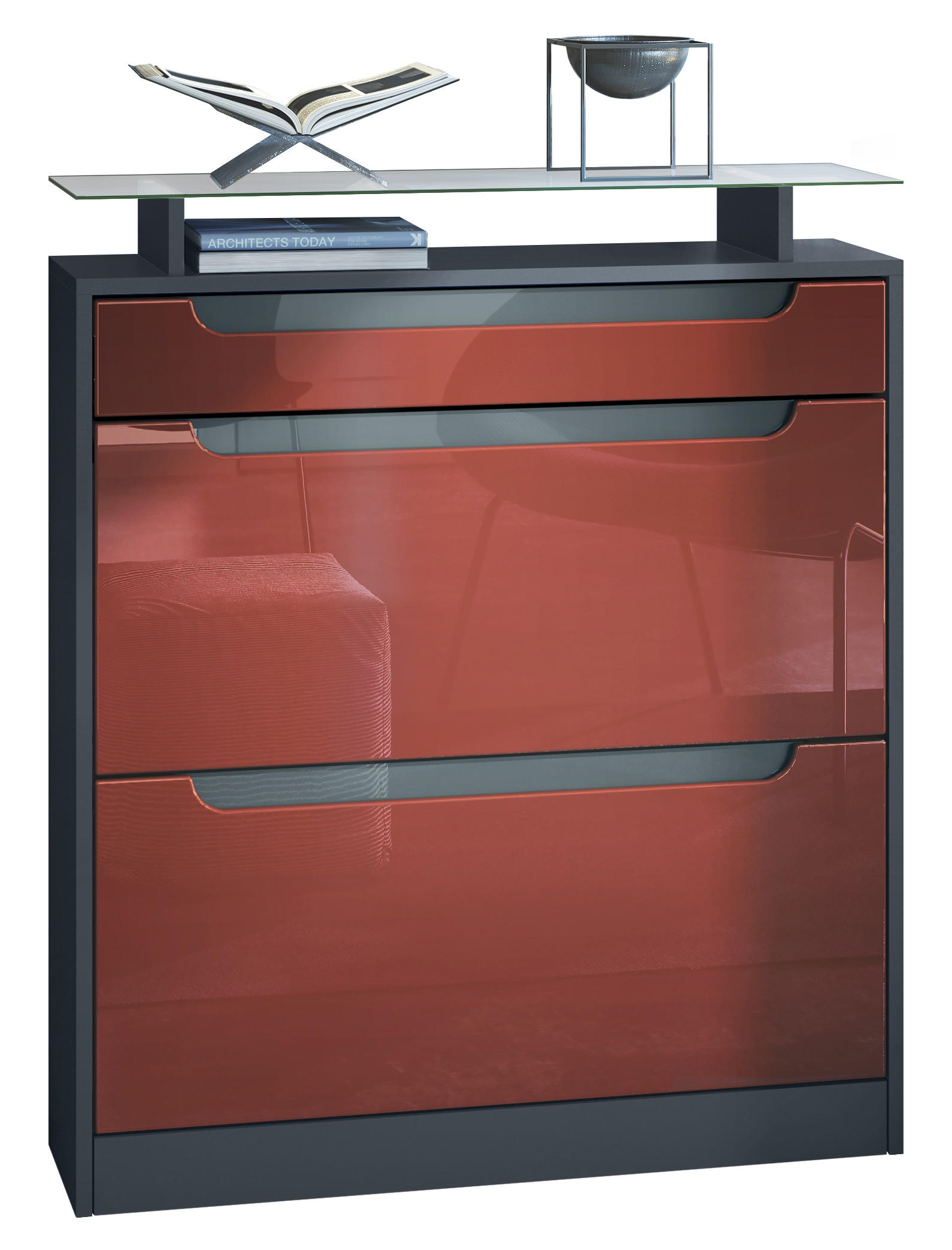 SCHUHSCHRANK Fiesta Fronten in Bordeaux Hochglanz, Griffmulden in Grau Hochglanz - Bordeaux, Holzwerkstoff (89/104/23cm) - Vladon
