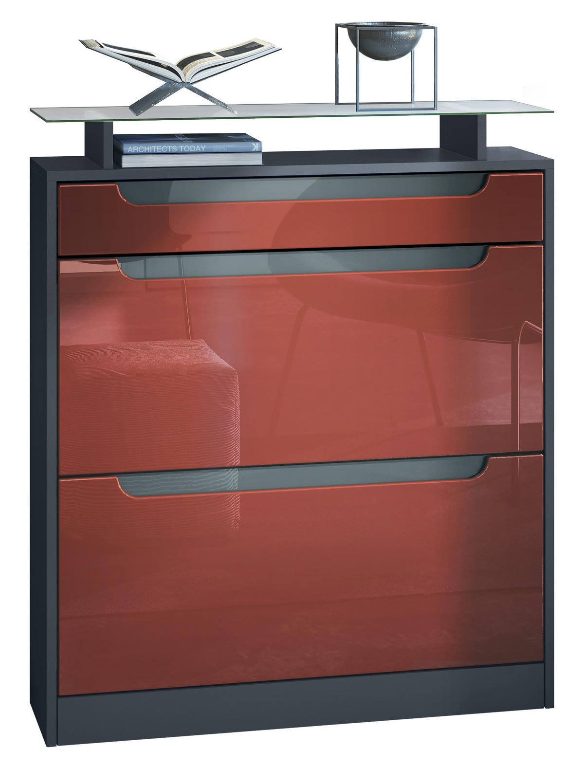 SCHUHSCHRANK Fiesta Fronten in Bordeaux Hochglanz, Griffmulden in Grau Hochglanz - Bordeaux, Holzwerkstoff (89/104/23cm) - Vladon