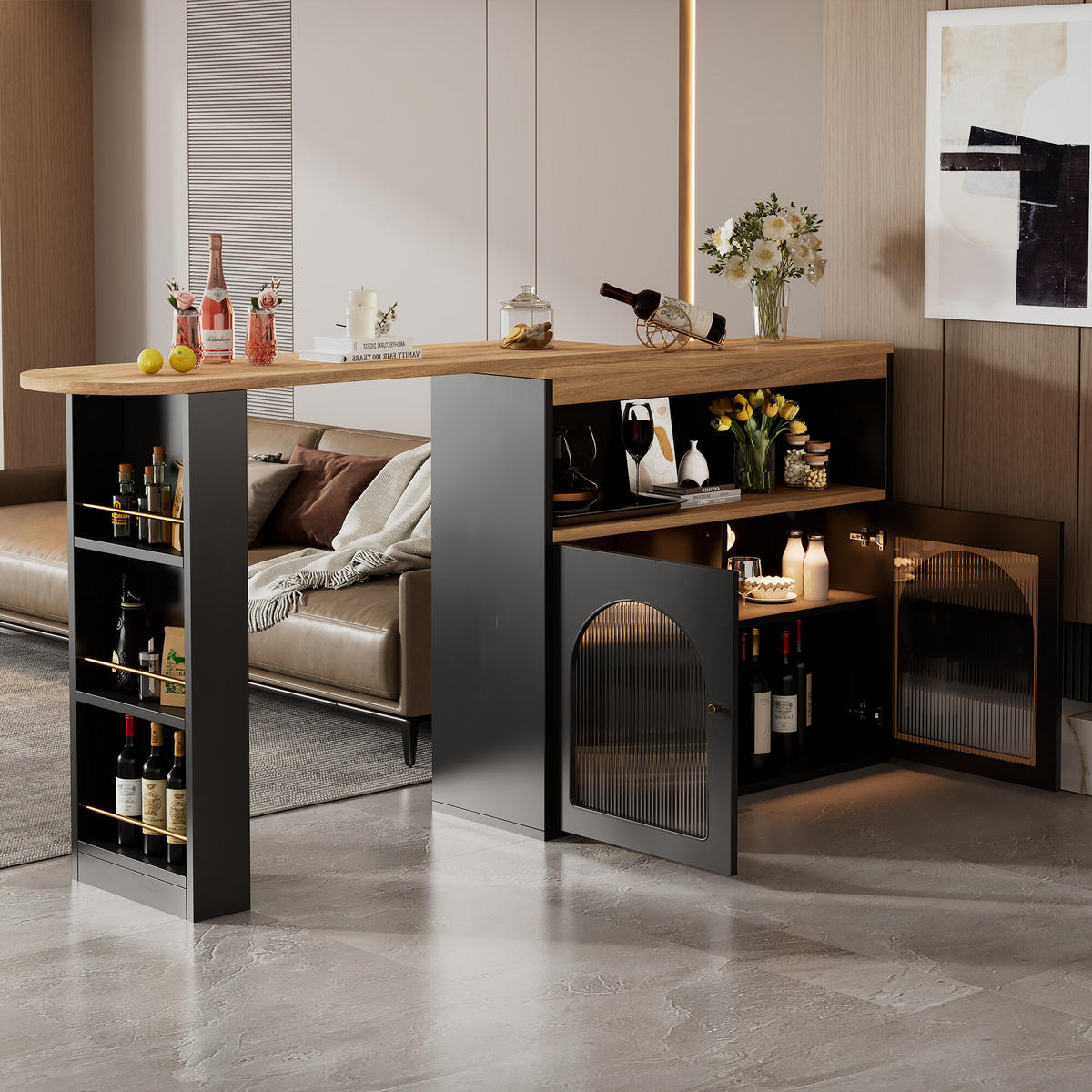 BARSCHRANK Schwarz 138/39/105cm - Braun, Holzwerkstoff/Metall (39/105/138cm) - Urban Meuble