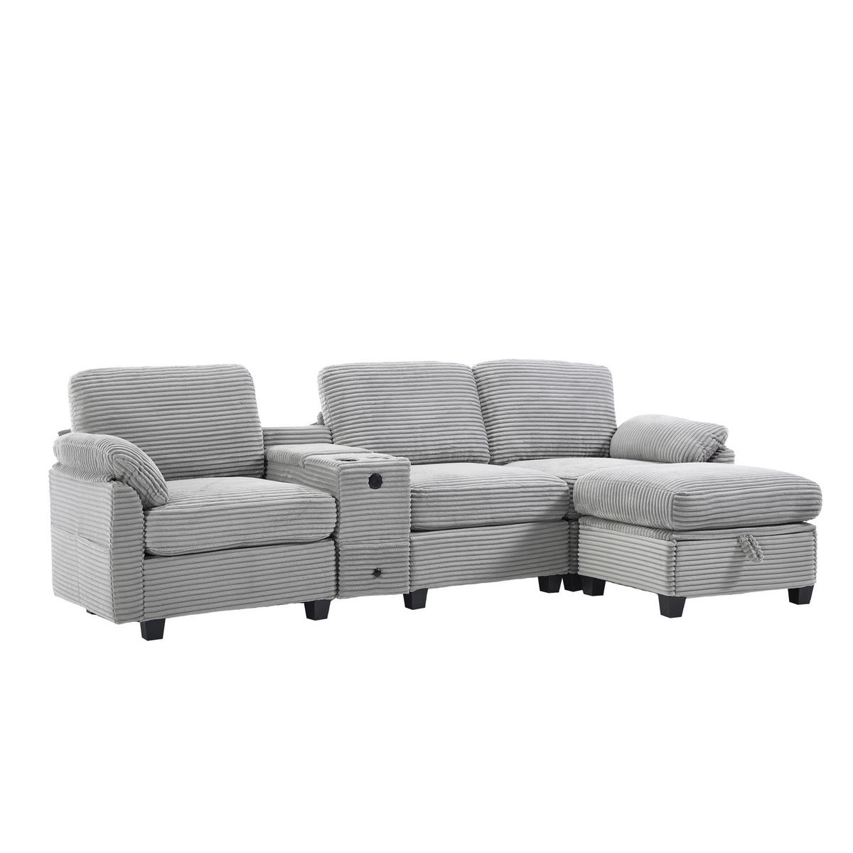 ECKSOFA 266/136/82 cm Hellgrau mit Abnehmbare Mittelkonsole, 1 Schublade, Seitentasche und beweglicher Stau-Ottoman - Hellgrau, Textil (266/136cm) - Oxeza