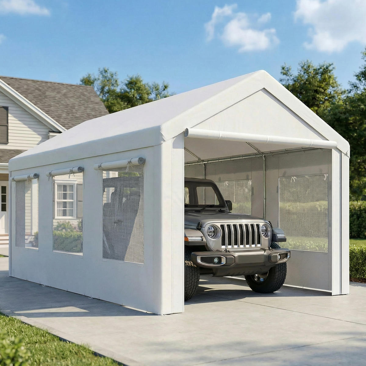 CARPORT DE-12739 300/600 cm UV30+ höhenverstellbar mit 6 Fenstern und Moskitonetz Weiß - Weiß, Metall (295/295/600cm) - ComfortXL