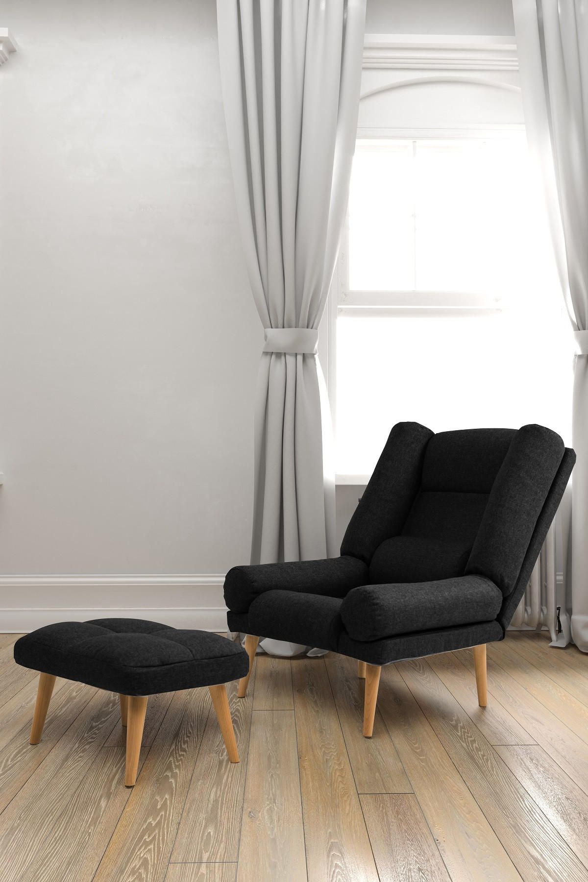 SESSEL Lola mit Fußhocker Rückenlehne 5-stufig einstellbar, schwarz - Schwarz, Holz/Kunststoff (75/100/60cm) - Margaret Hadas24