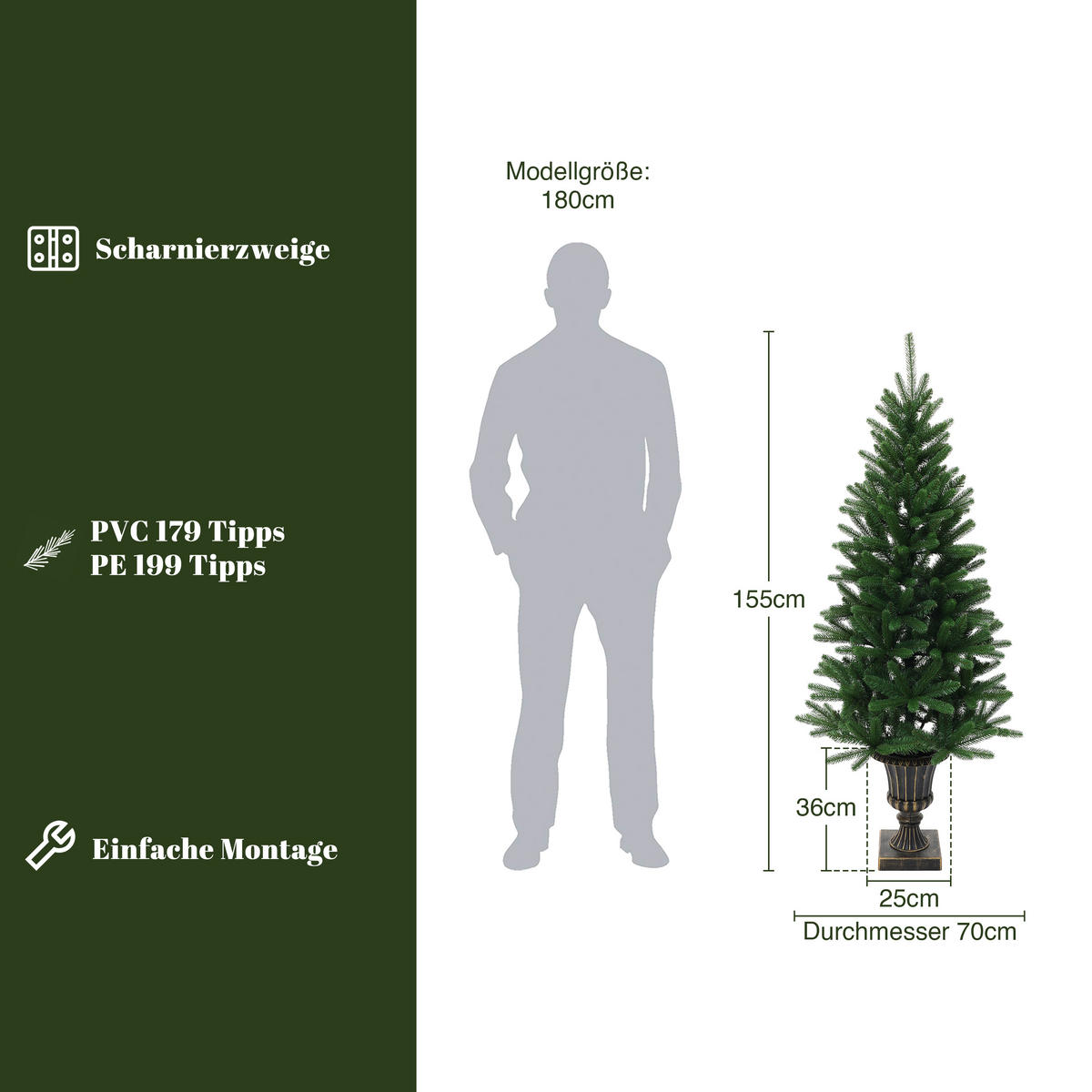 KÜNSTLICHER Weihnachtsbaum 155 cm mit Pflanzkübel in Bronze-Optik - Grün, Kunststoff (155cm) - Hometopia