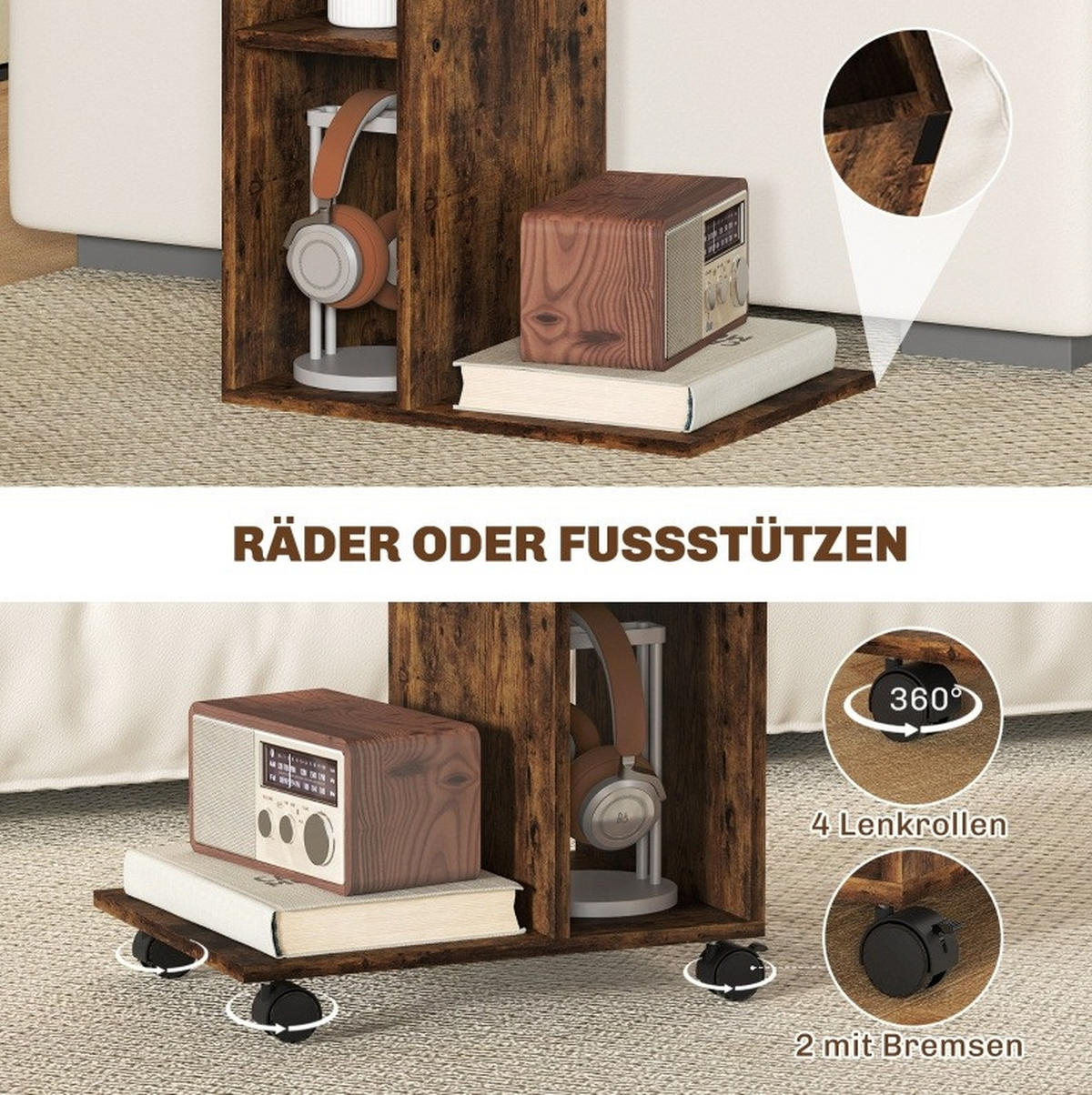 BEISTELLTISCH in C-Form mit Rollen 40 x 30 x 69 cm Rustikalbraun - Braun, Holz (30/69/40cm) - Beauniv