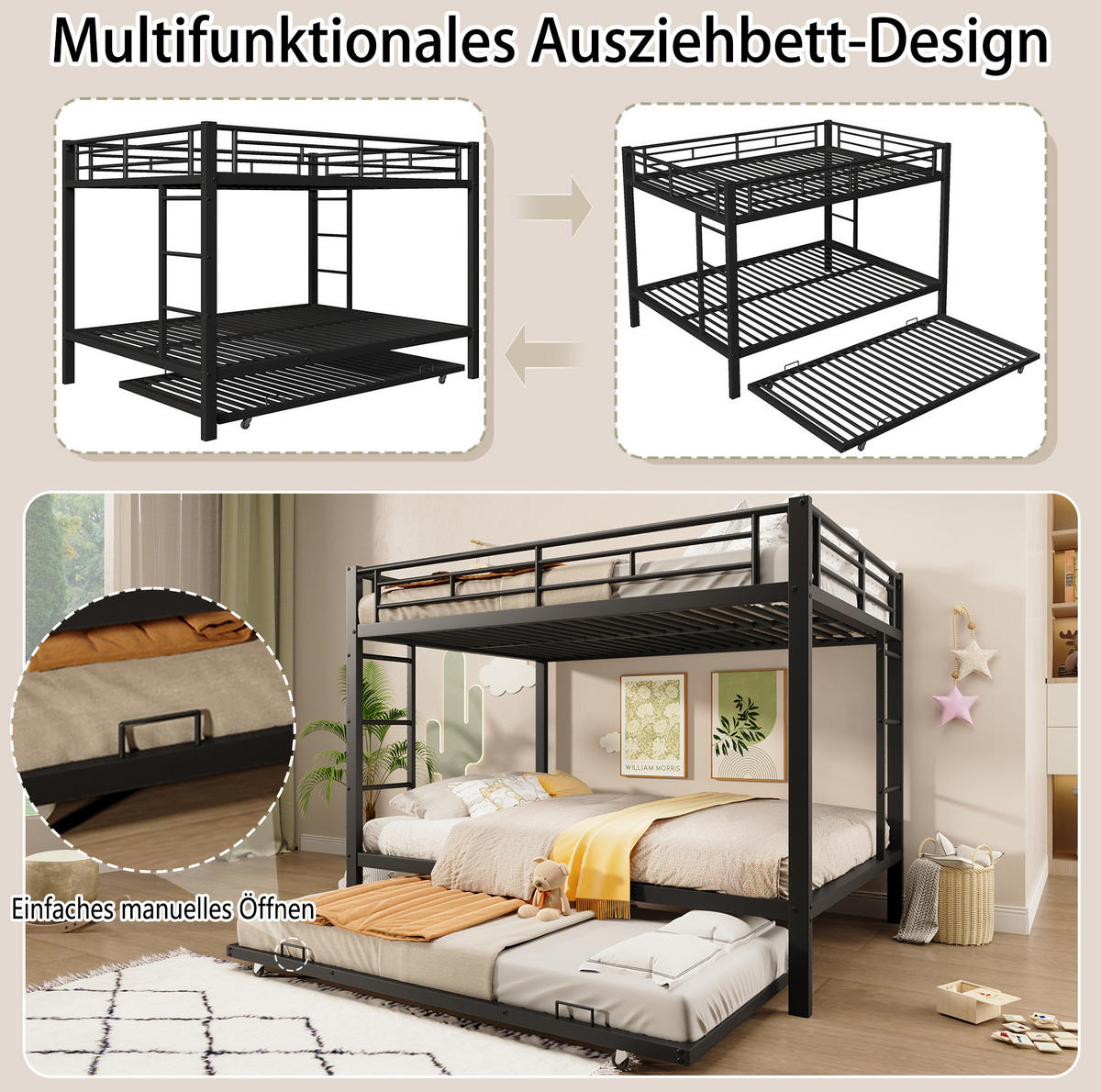 ETAGENBETT aus Metall 140x200 cm Schwarz mit Ausziehbett und hohen Geländern - Schwarz, Metall (140/200cm) - Modfu