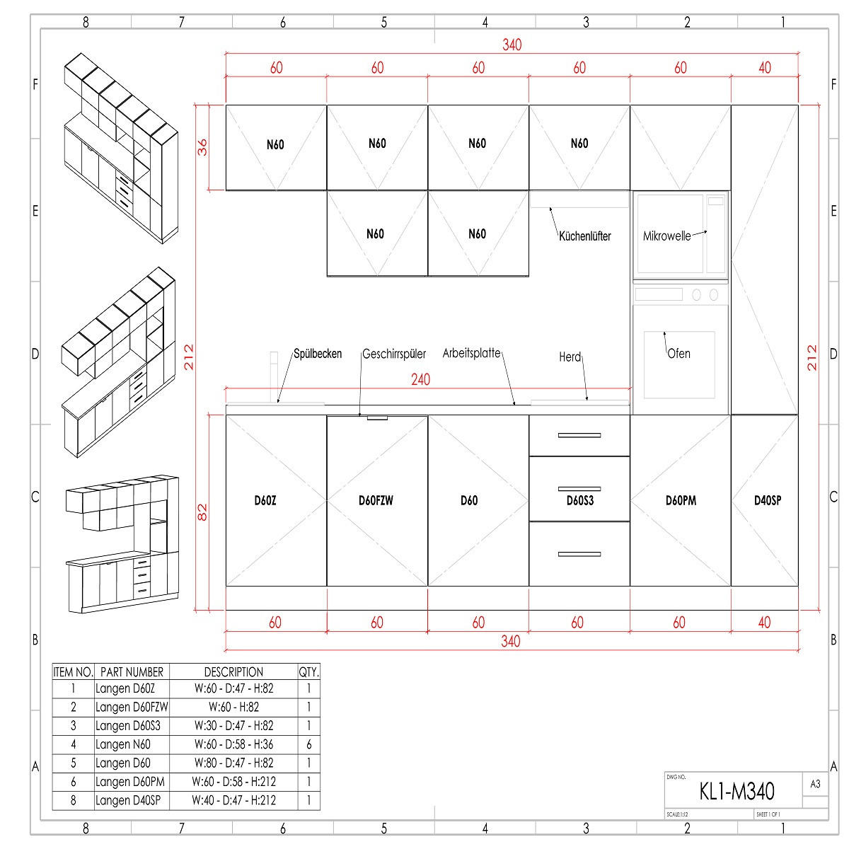 KÜCHENZEILE 240 - Langen KL3-M340 in Grau/Artisan Eiche - Schwarz/Eiche Artisan, Holz (340/212/58cm)