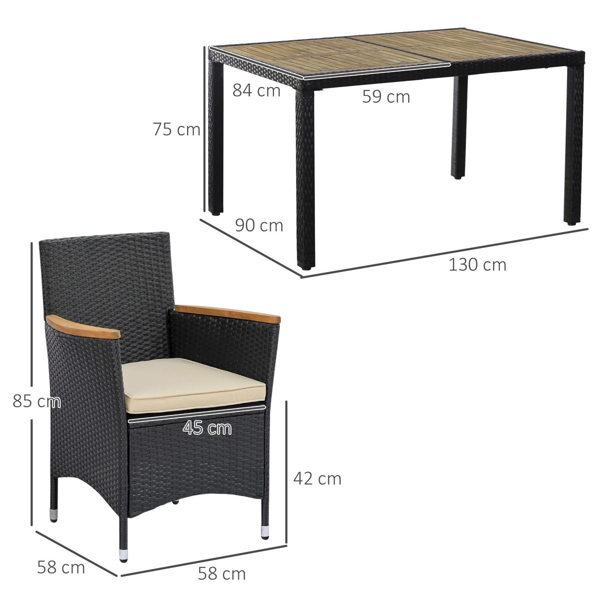 GARTENESSGRUPPE DE-13570 7-teilig mit Tisch & 6 Stühlen, Acacia-Holz Schwarz/Beige - Schwarz, Metall - ComfortXL