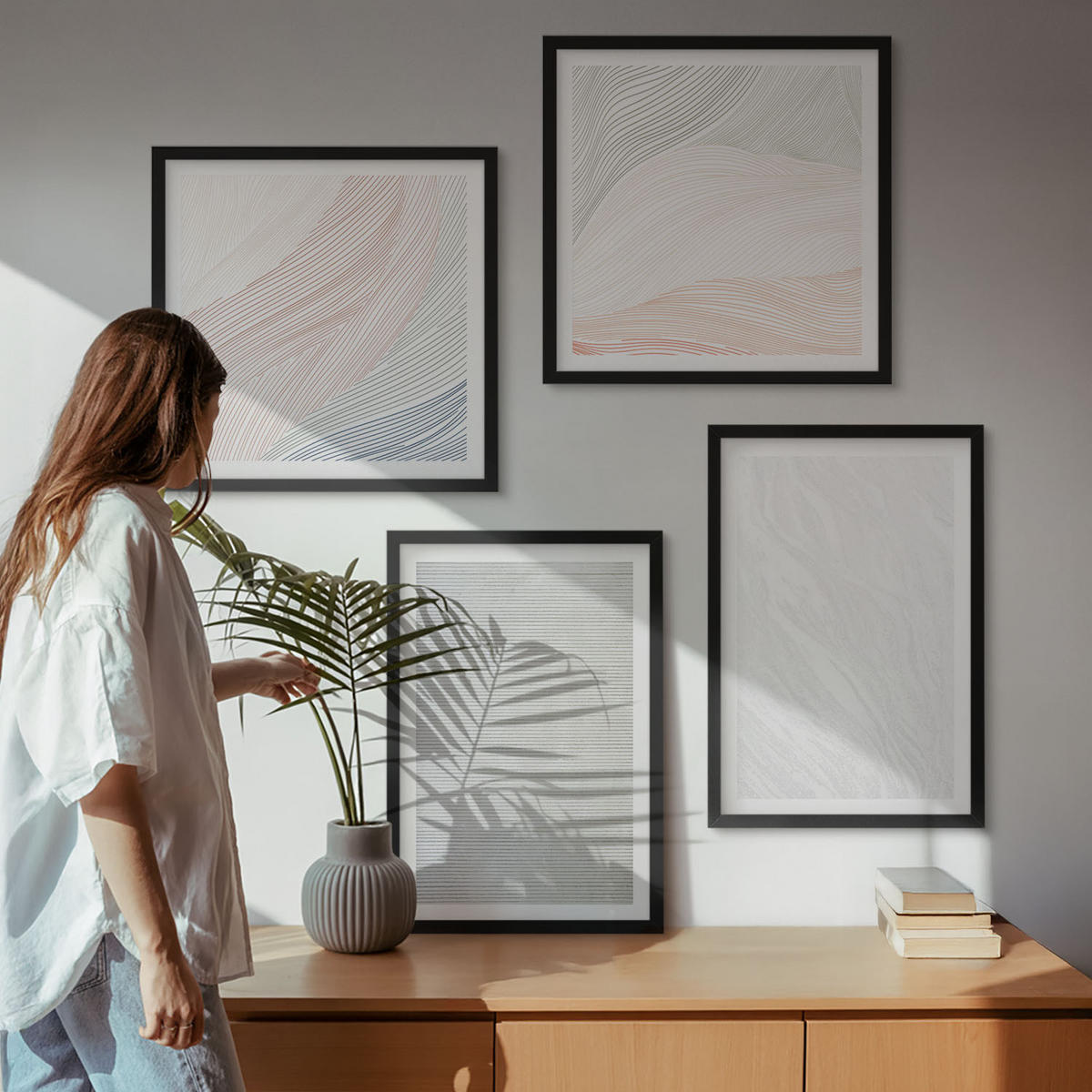 WANDBILDER 4er-Set - 50x50 cm & 40x60 cm Schwarzer Rahmen - Leuchtende Strukturen, Sandmuster - Schwarz, Kunststoff (50/50cm) - ArtPrintCave