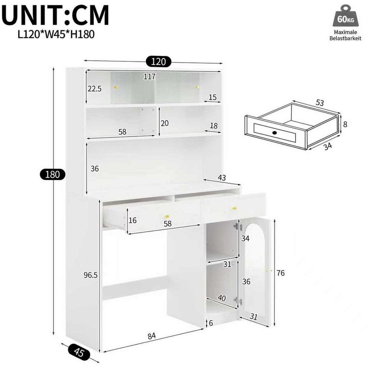 DONJI kuhinjski element, 120/45/180 cm, MDF bijela, s radnom plohom i 2 ladice - bijela, drvni materijal (120/180/45cm) - BEAOK