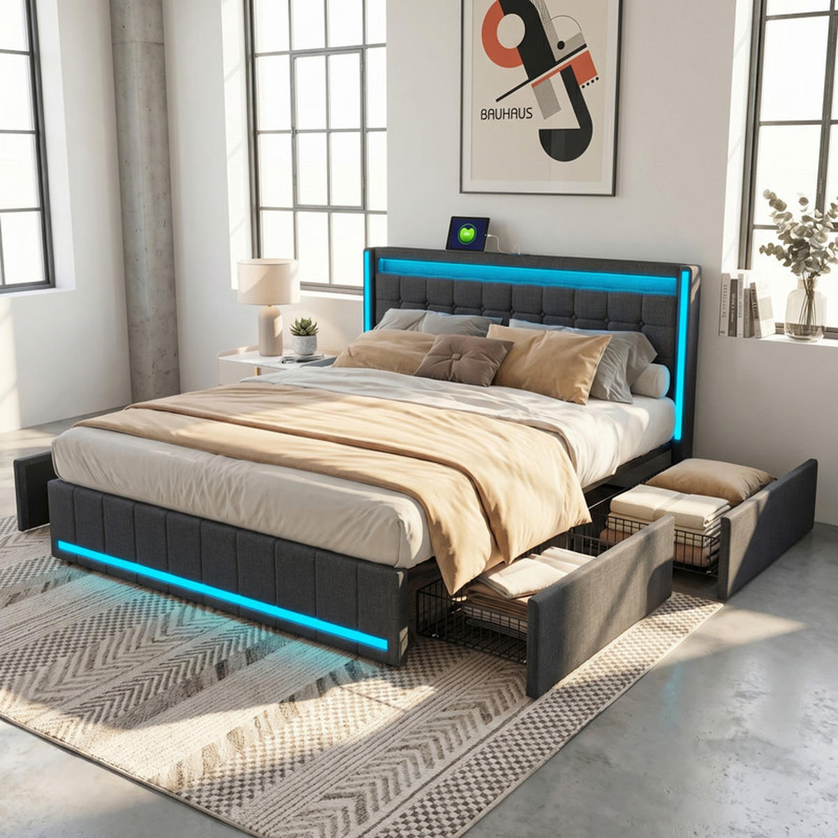 POLSTERBETT 140/200 cm dunkelgrau mit Schubladen, LED und USB - Grau, Holz