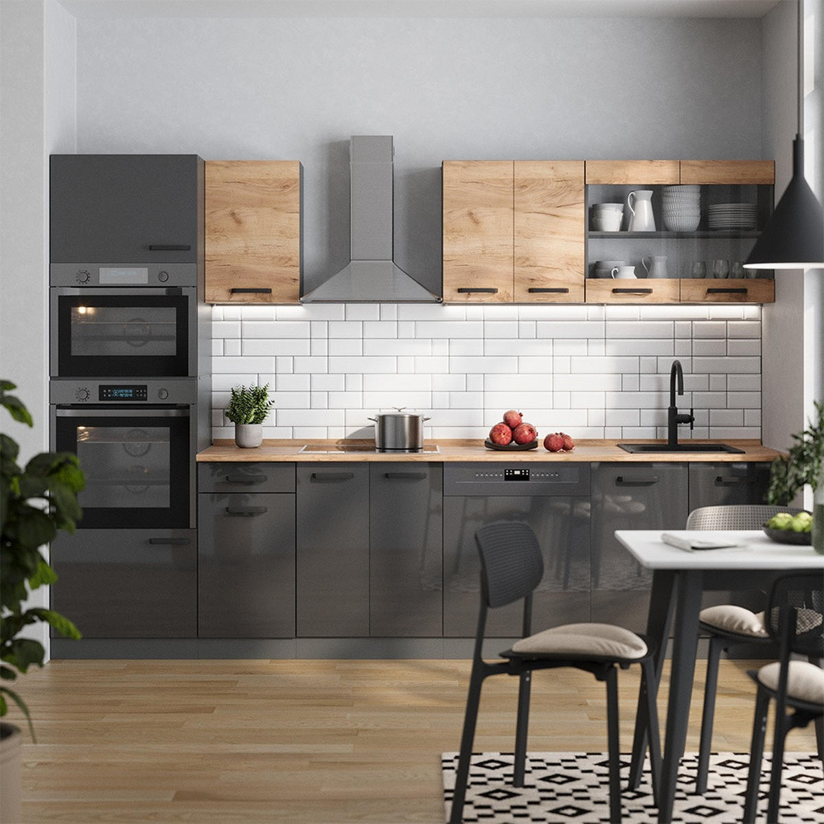 KUHINJSKI BLOK R-Line Zlata moč hrast/antracit 300 cm dvobarvne omarice, PL Hrast - antracit, leseni material (300/81.6/60cm) - Vicco