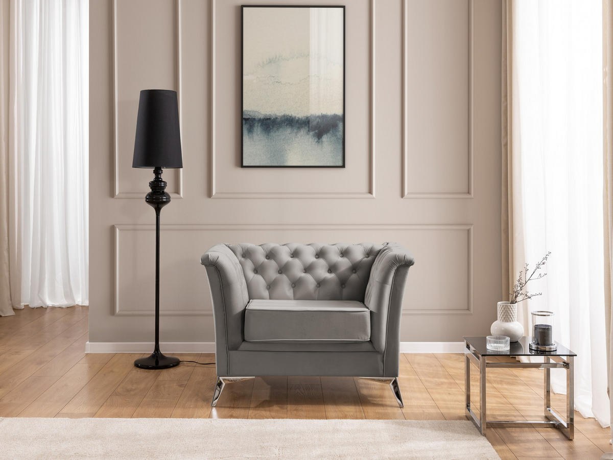 CHESTERFIELD-SESSEL Whitby Grau Samt mit silbernen Füßen - Silberfarben/Grau, Holz/Textil (116/78/82cm) - S-Style Möbel