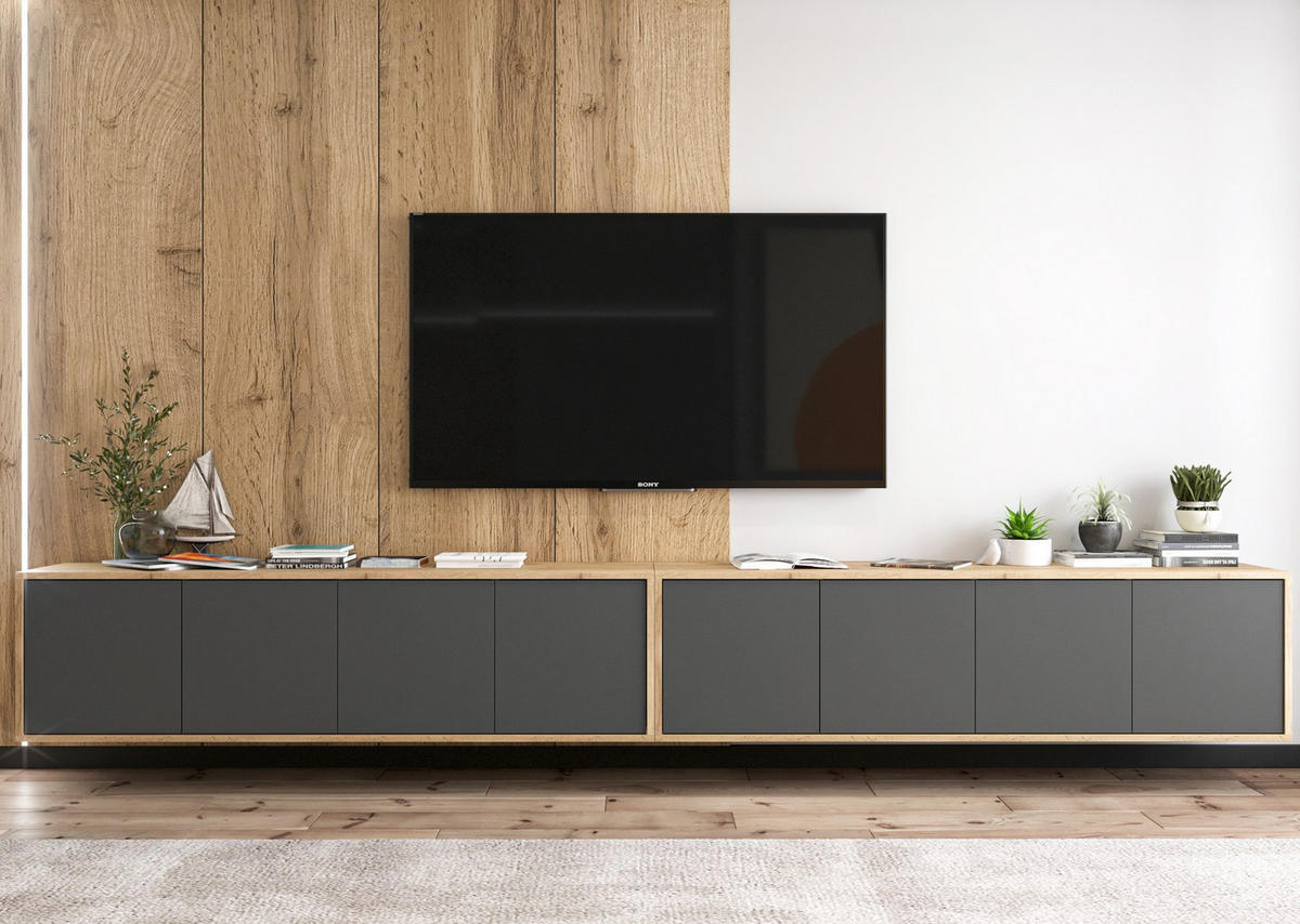 TV-LOWBOARD 2-er Set Apollo2 Eiche wotan Graphit Matt 150 cm - Graphitfarben, Holzwerkstoff (300/39/35cm) - Meble Lindner