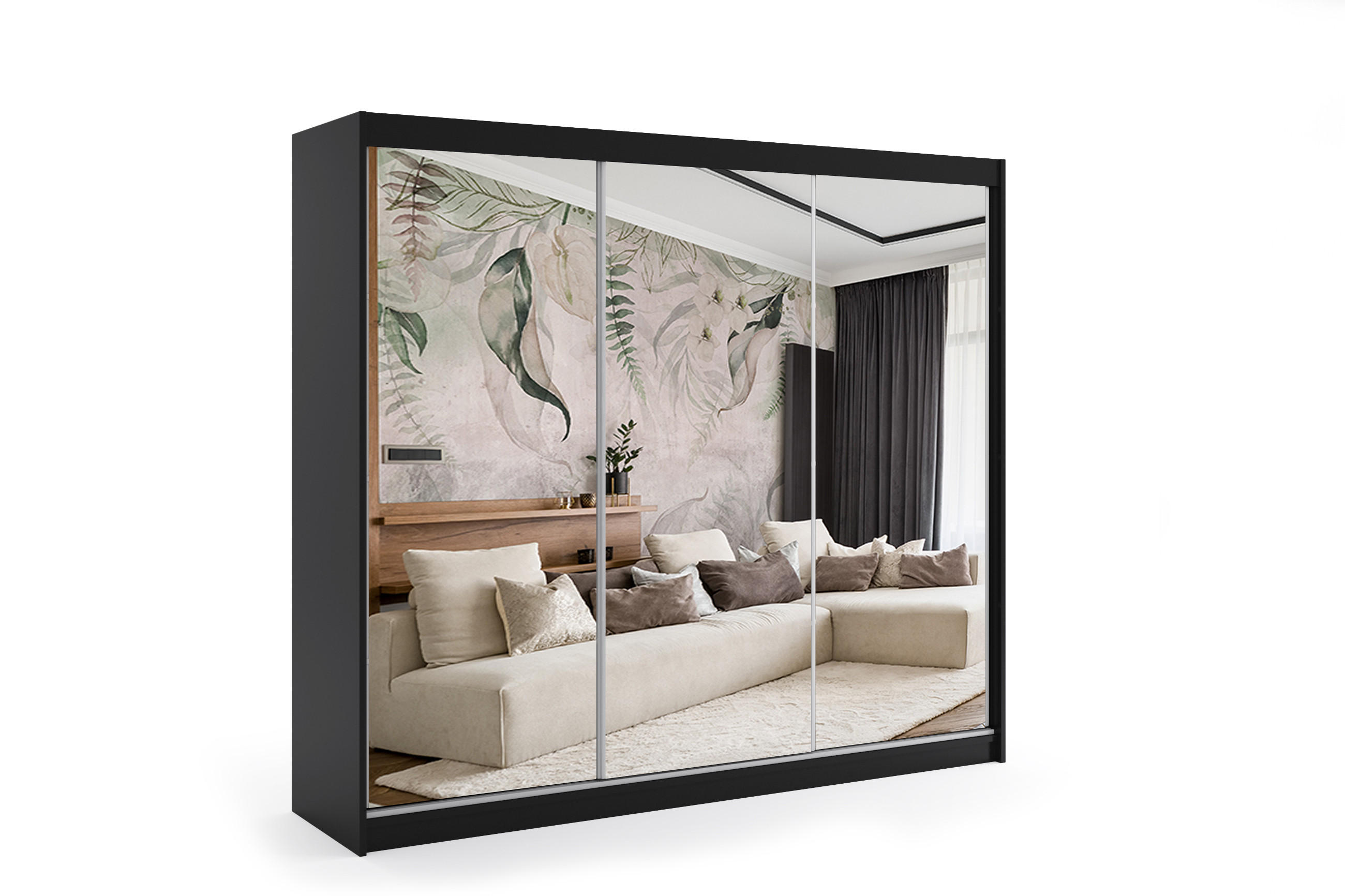 KLEIDERSCHRANK mit Spiegel-Schiebetüren und Aluminium-Leisten - DEBI - 240 cm Schwarz - Schwarz, Holzwerkstoff (240/216/61cm) - ALTDECOR