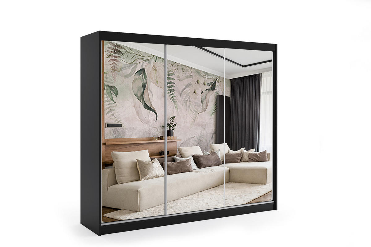 KLEIDERSCHRANK mit Spiegel-Schiebetüren und Aluminium-Leisten, LED-Beleuchtung - DEBI - 240 cm Schwarz - Schwarz, Holzwerkstoff (240/216/61cm) - ALTDECOR