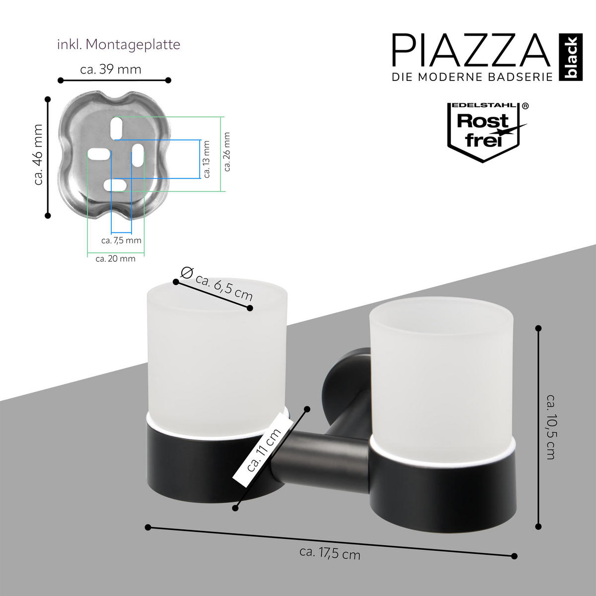 DOPPEL-GLASBECHERHALTER PIAZZA BLACK, schwarz, inkl. Klebeset - Schwarz, Metall (17.5/10.5/11cm) - bremermann