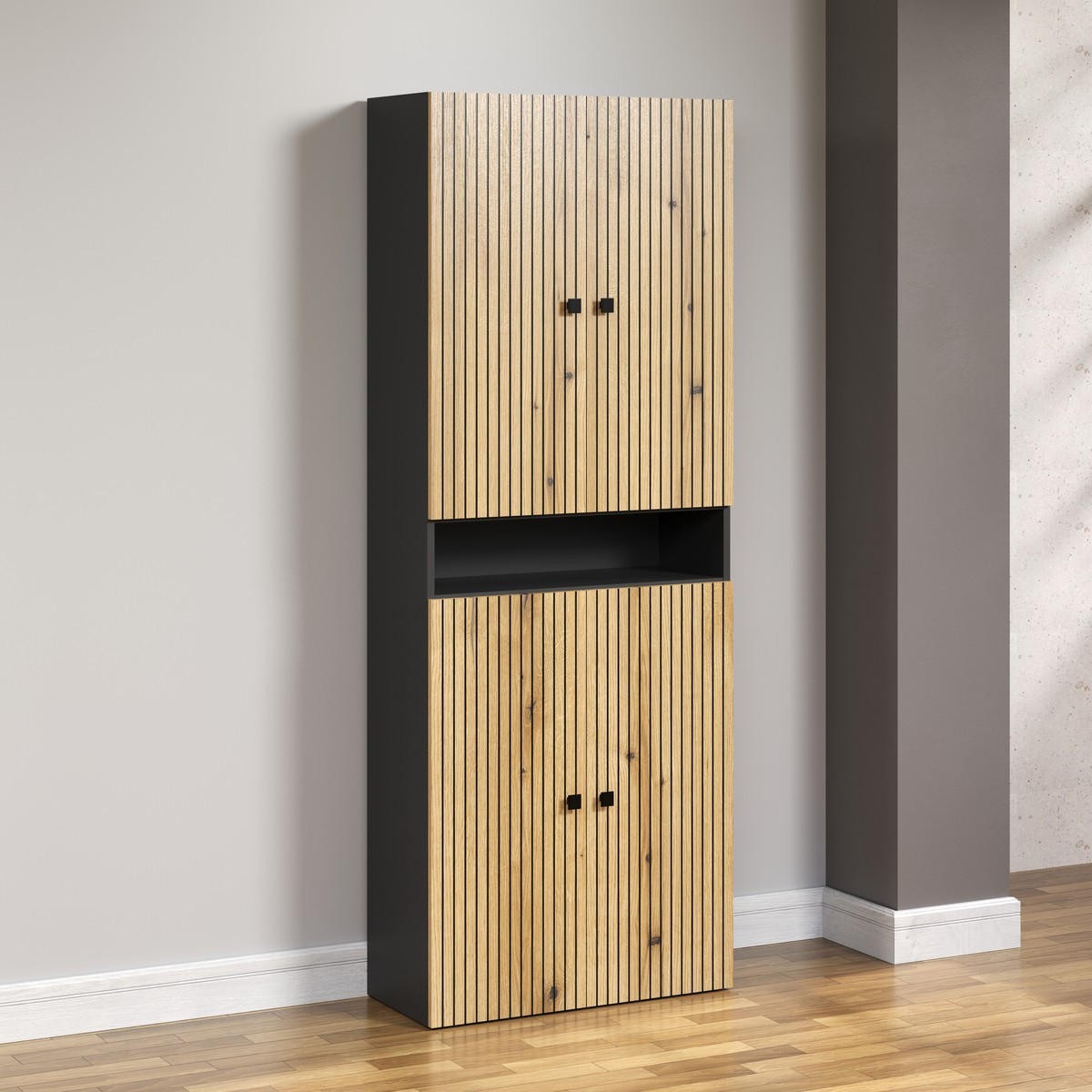 BADEZIMMERSÄULE mit Rillen, 4 Türen und 1 Fach - purebliss 70/31/186 cm - Eichefarben, Holzwerkstoff (70/188/31cm) - Trendteam