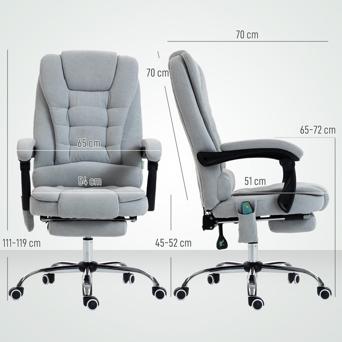 CHEFSESSEL DE-11829 Massage & Heizung Grau - Hellgrau, Textil (65/119/70cm) - ComfortXL
