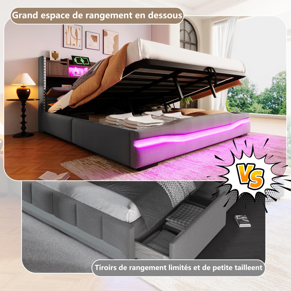 POLSTERBETT 180x200 cm LED USB grau - Grau, Textil (180/200cm) - LEBENLANG