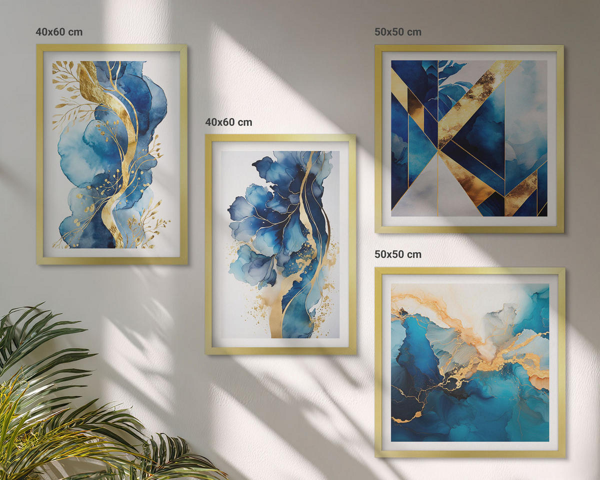 BILDER SET 4er Set - 50x50 cm & 40x60 cm Goldrahmen - Blaue abstrakte Muster - Goldfarben, Kunststoff (50/50cm) - TULUP