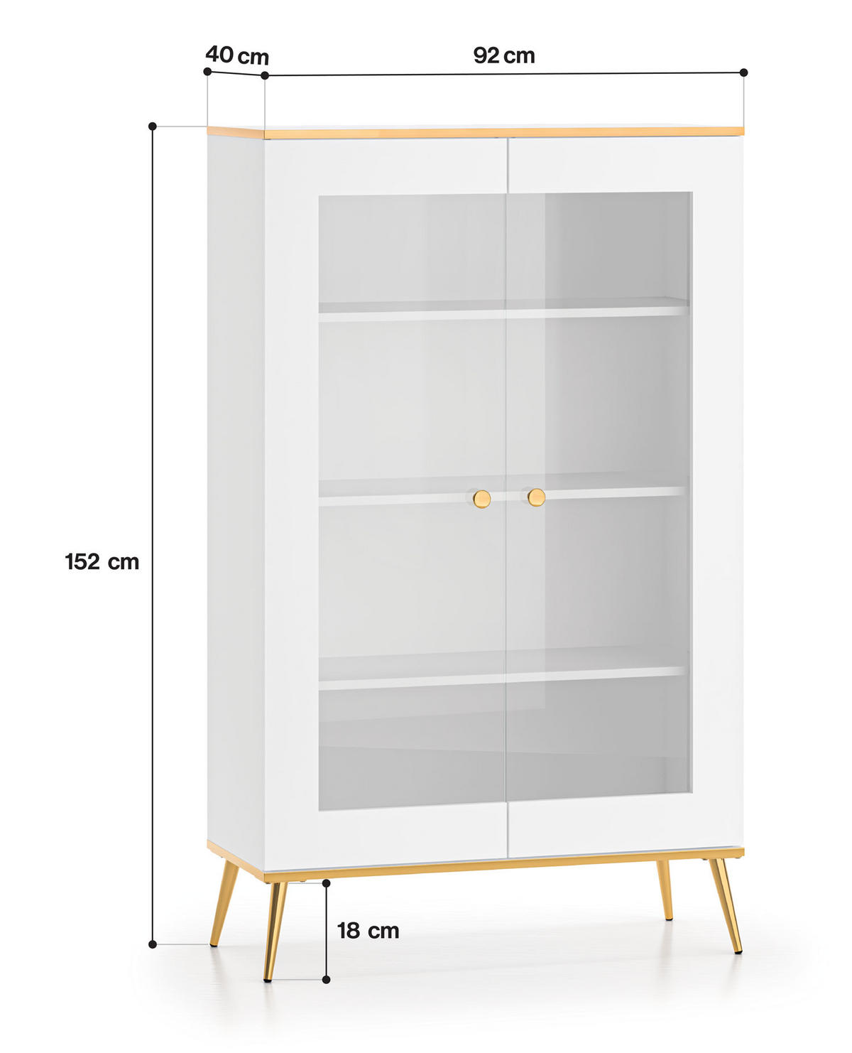GLASVITRINE Viterbo Alpinweiß matt / goldfarben 92 / 40 / 152cm - Goldfarben/Weiß, Holz/Holzwerkstoff (92/152/40cm) - Feldmann-Wohnen