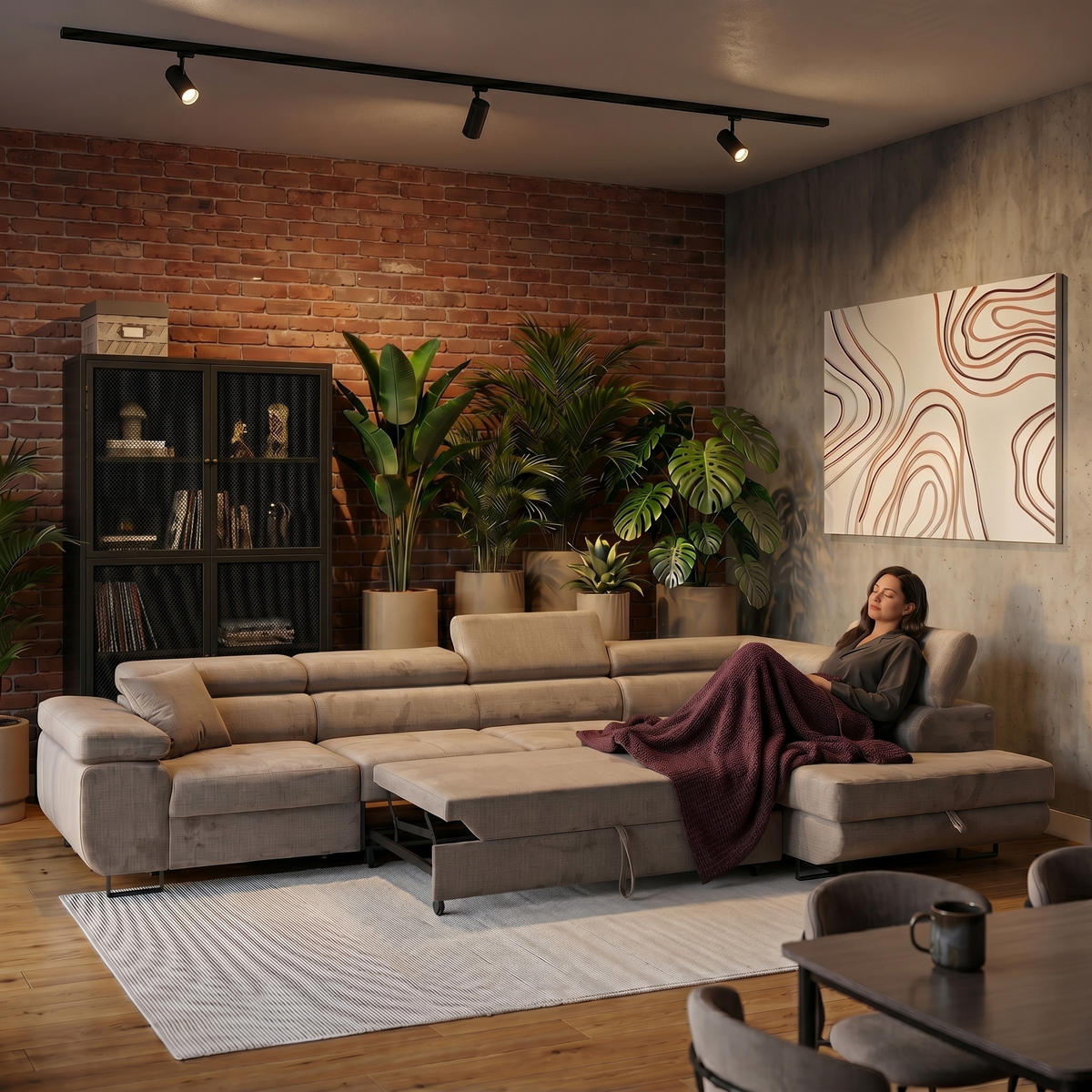 ECKSOFA WILD MAXI L Rechts mit Schlaffunktion 125x195 Velours Beige - Chromfarben/Beige, Holz/Textil (203/350cm) - Muffo