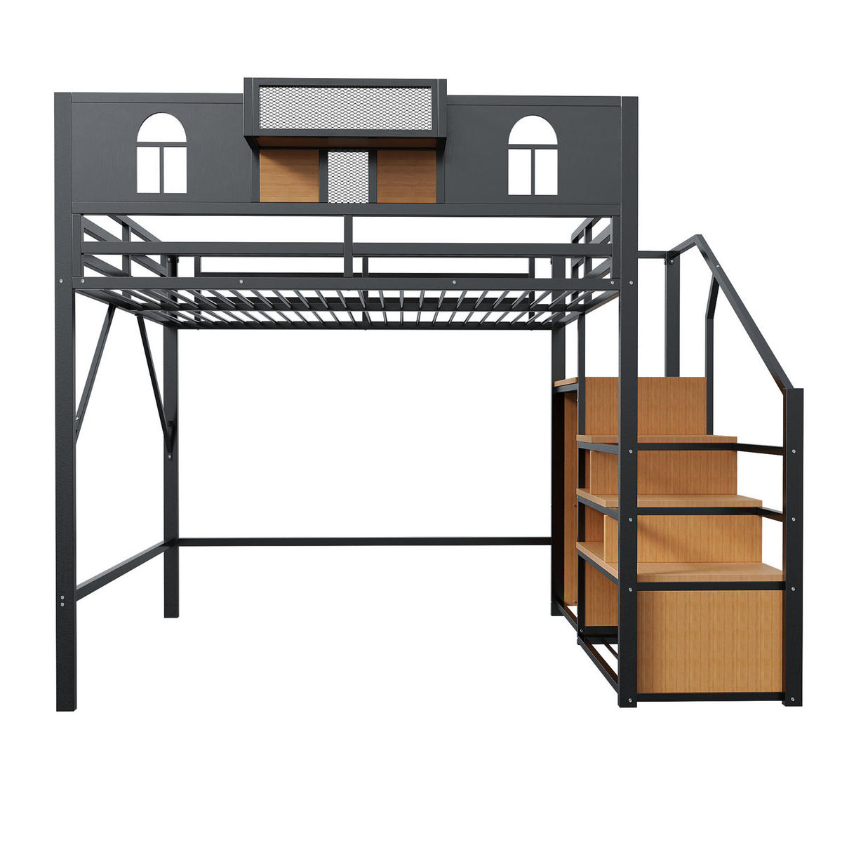 HOCHBETT 140/200 cm mit Stauraumleiter, Ablage und offenem Raumkonzept, Schwarz - Schwarz, Metall (140/200cm) - Redom