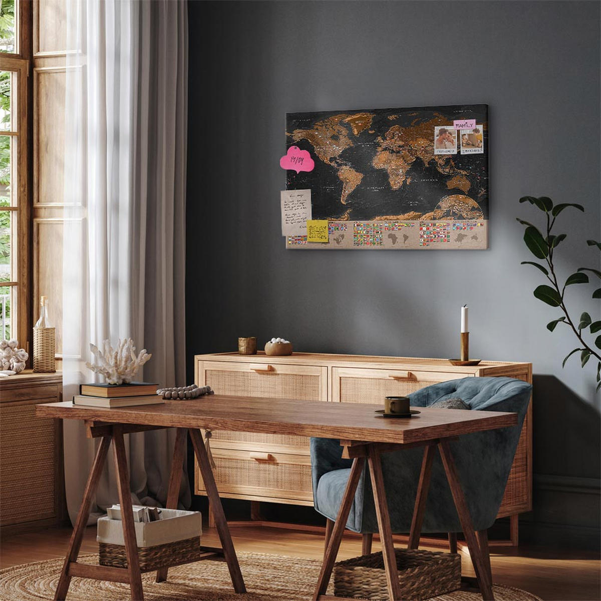 PINNWANDTAFEL Vintage Weltkarte Braun mit Flaggen 90x60 cm - Braun, Holz (90/60cm) - artgeist