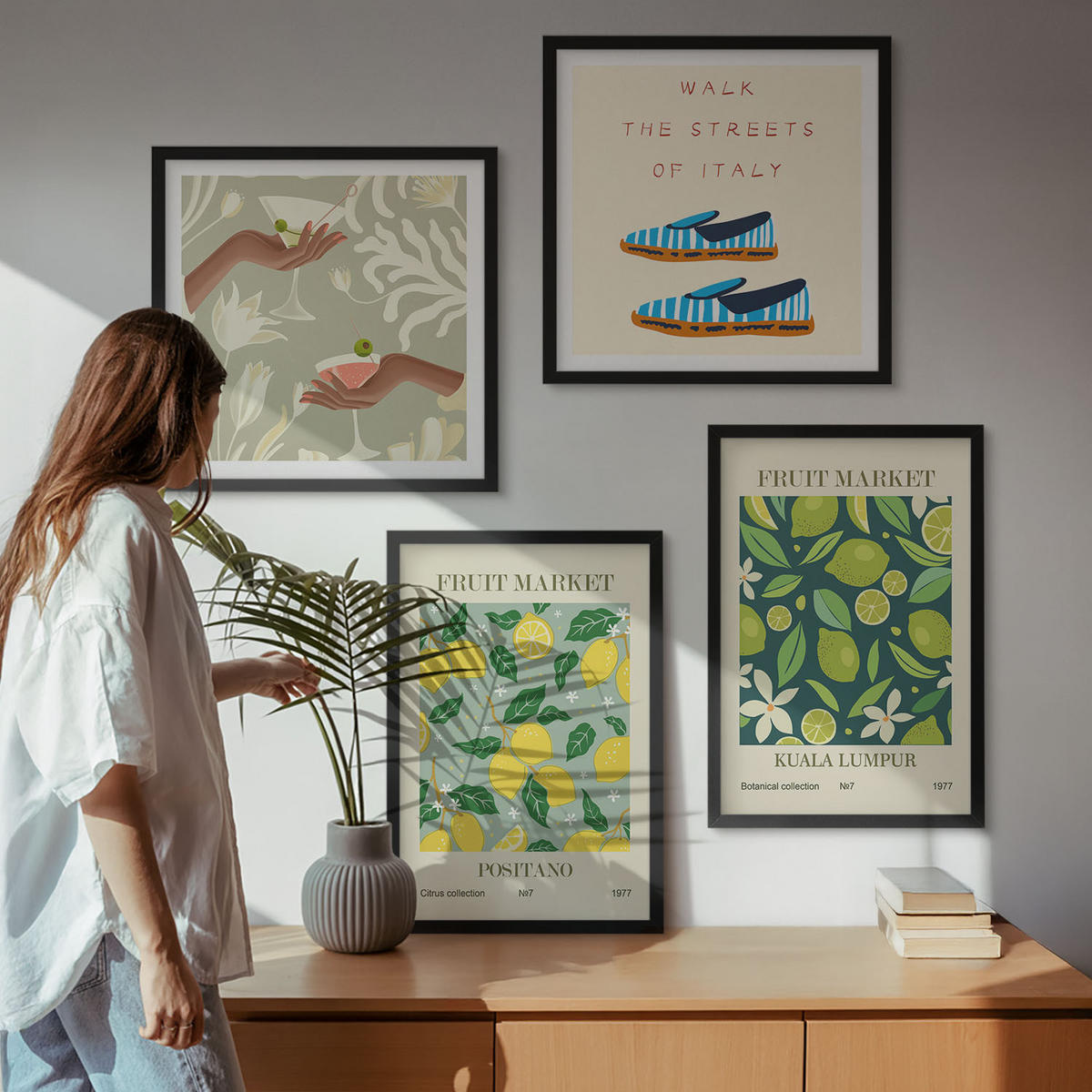 WANDBILDER 4er-Set - 50x50 cm & 40x60 cm Schwarzer Rahmen - Italienische Poster mit Fruchtmotiven - Schwarz, Kunststoff (50/50cm) - ArtPrintCave