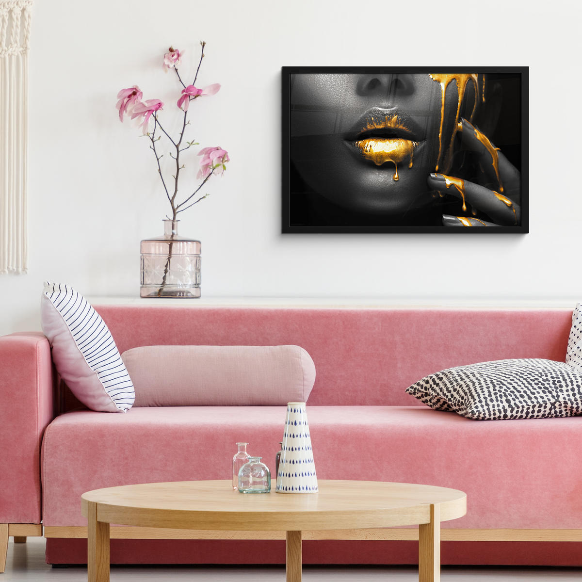 ZARÁMOVANÝ PLAGÁT Žena - čierna - zlatá - tvár - pery 60x40 cm - zlatá, papier (60/40cm) - MuchoWow