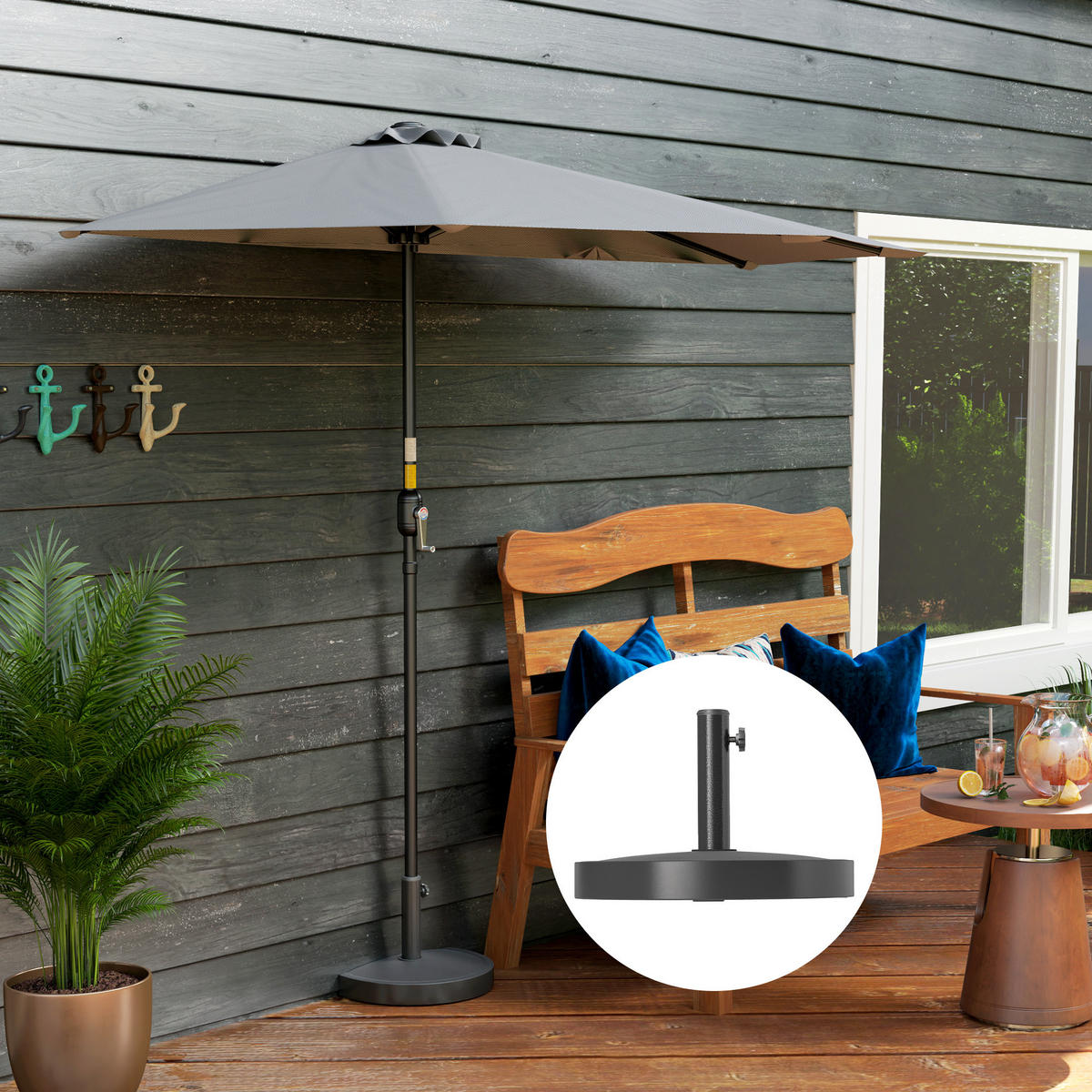 SONNENSCHIRMSTÄNDER aus Beton Schirmständer Halbrund Schirmhalter, Schirmgewicht - Schwarz, Naturmaterialen (31/49cm) - Outsunny