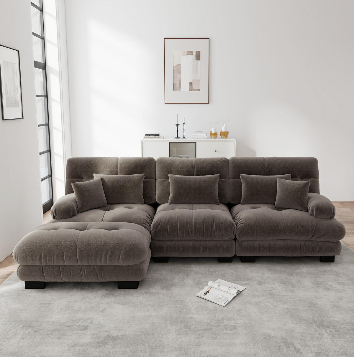 ECKSOFA aus Chenille in Braun mit Ottomane & flexiblem Aufbau - Braun, Textil (145/313cm) - Modfu
