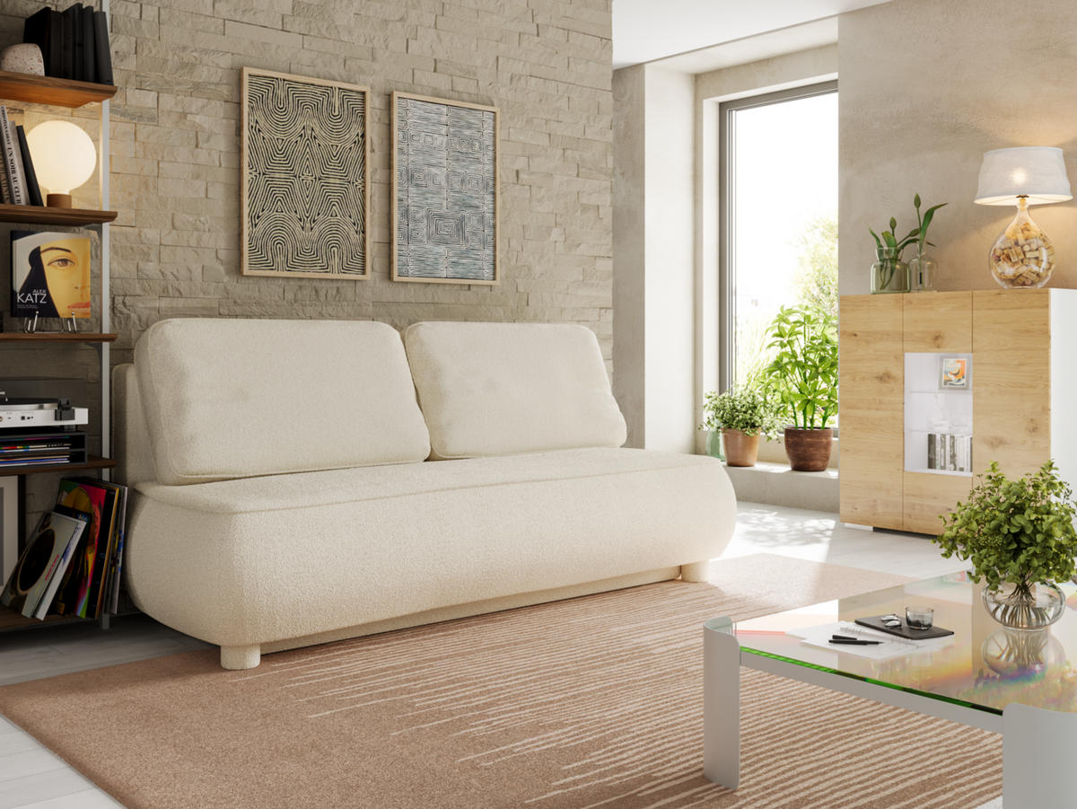 SOFA LUMIO Weiß Bouclé-Stoff mit Schlaffunktion und Bettkasten - Weiß, Holz (209/96/96cm) - Barchello