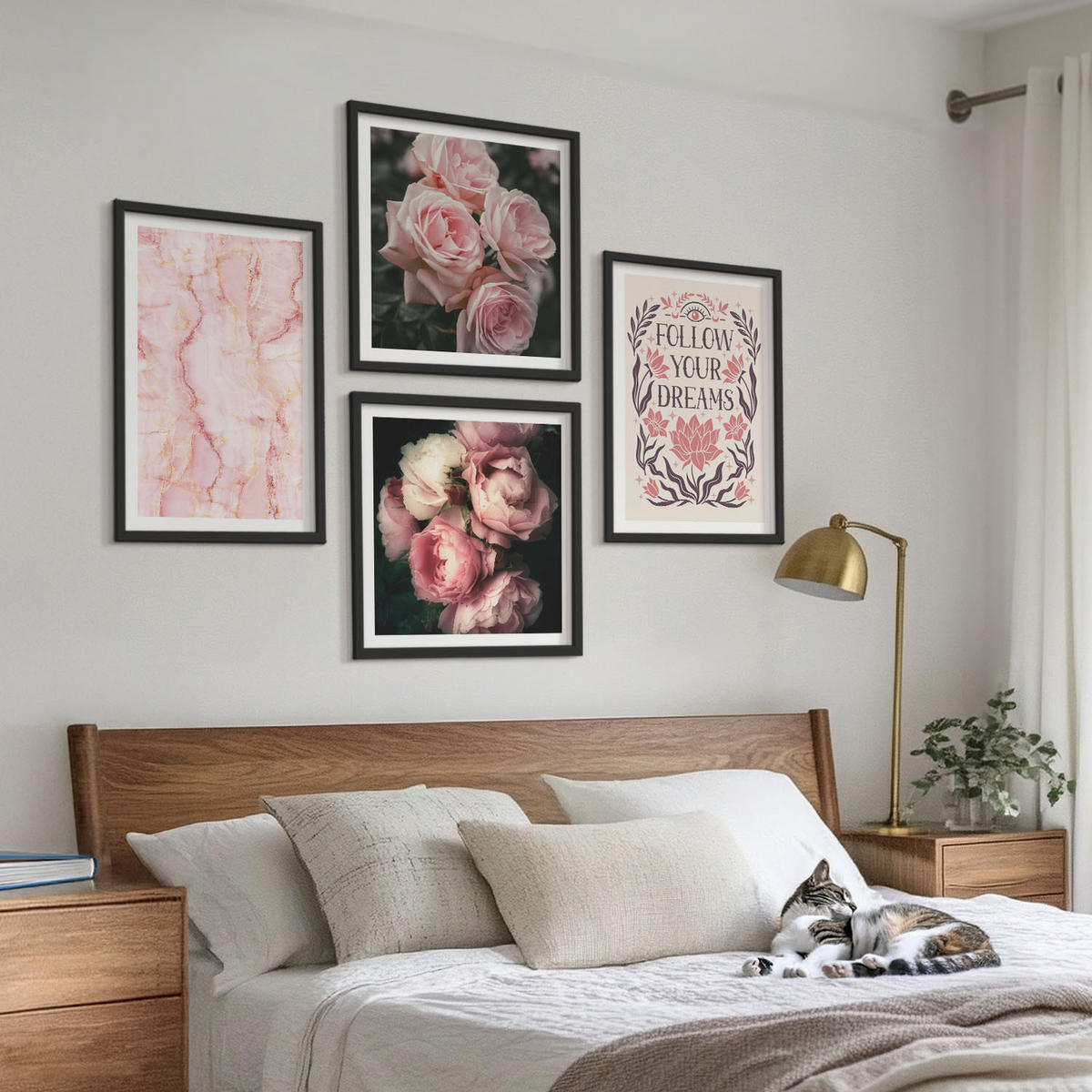 WANDBILDER 4er-Set - 50x50 cm & 40x60 cm Schwarzer Rahmen - Vintage-Rosen-Marmorträume - Schwarz, Kunststoff (50/50cm) - ArtPrintCave