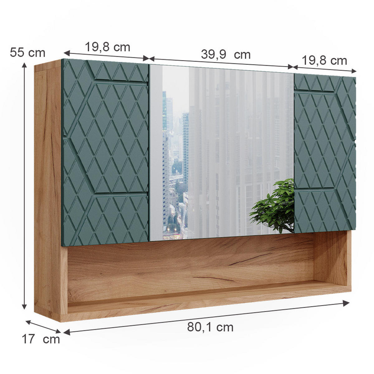 BADSPIEGELSCHRANK Irma Grün/Goldkraft Eiche 80.1 x 55 cm - Eiche Wotan/Grün, Holzwerkstoff (80.1/55/17cm) - Vicco