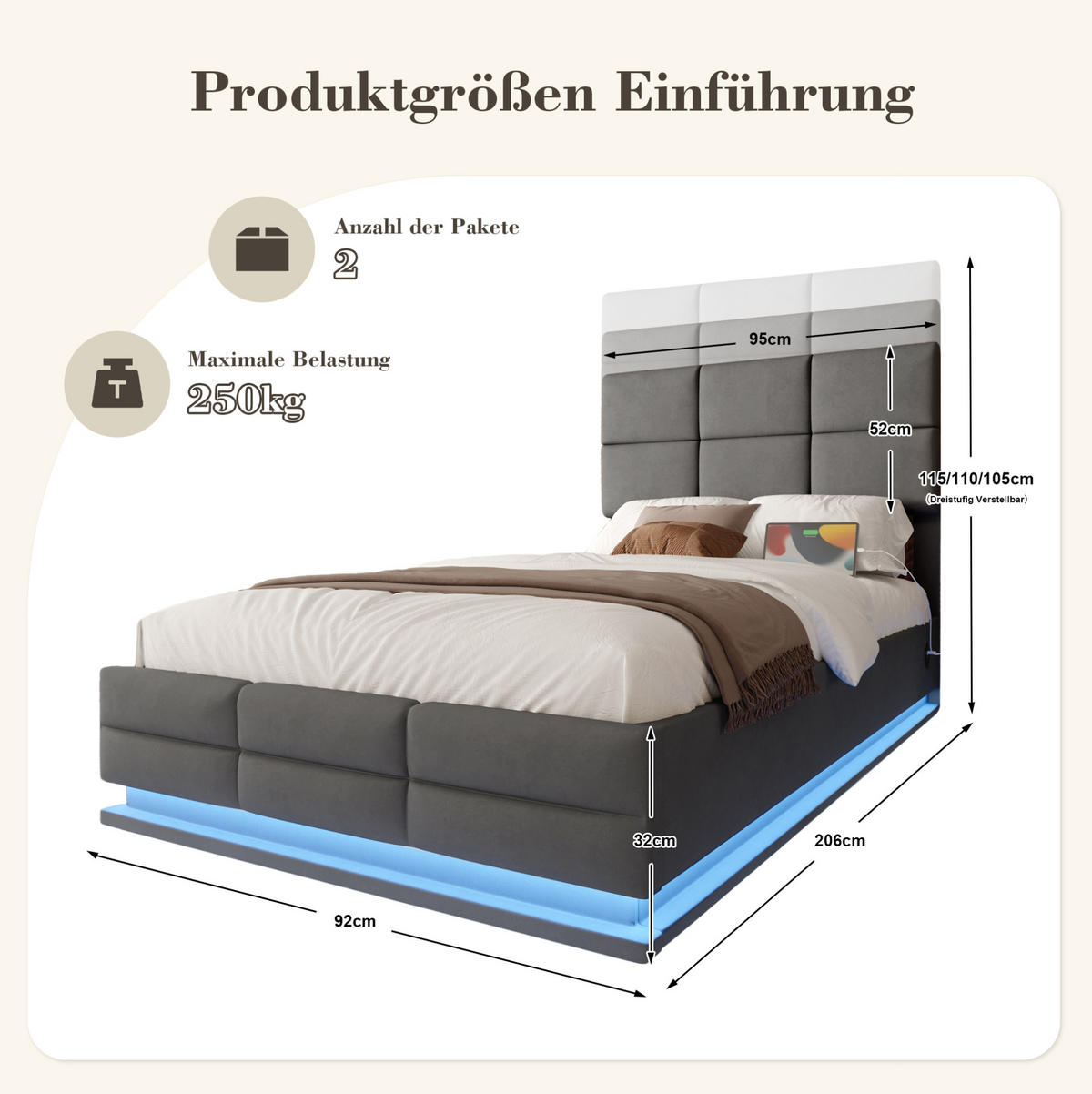 BETT mit Stauraum und LED 90x200 cm Samt Dunkelgrau - Dunkelgrau, Metall (90/200cm) - Meubliv