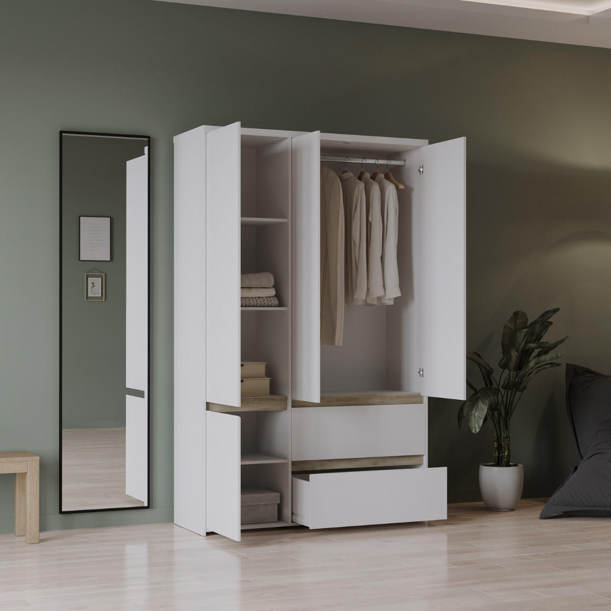 4-TÜRIGER Kleiderschrank mit 2 Schubladen in Eiche Kronberg Dekor und mattem Weiß 138,2/50/220,5 cm - Eschefarben, Holzwerkstoff (50/220.5/49.9cm) - Calicosy