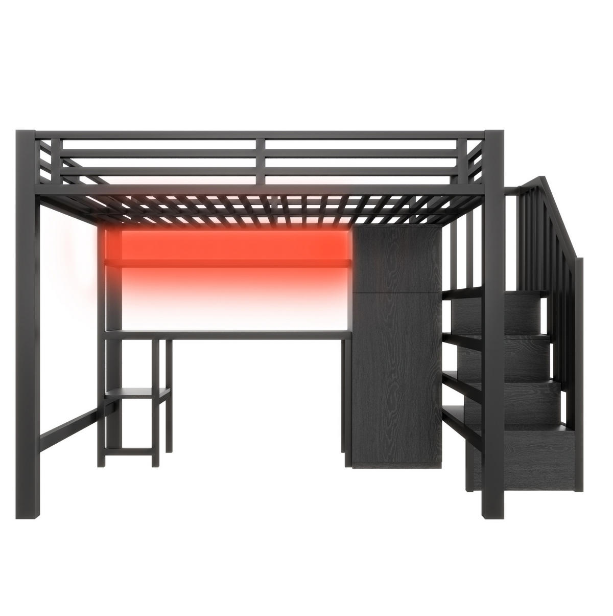 HOCHBETT 140/200 cm mit Schreibtisch, LED-Beleuchtung, Regal, Kleiderschrank und Stauraumtreppe, Schwarz - Schwarz, Holzwerkstoff (140/200cm) - Redom