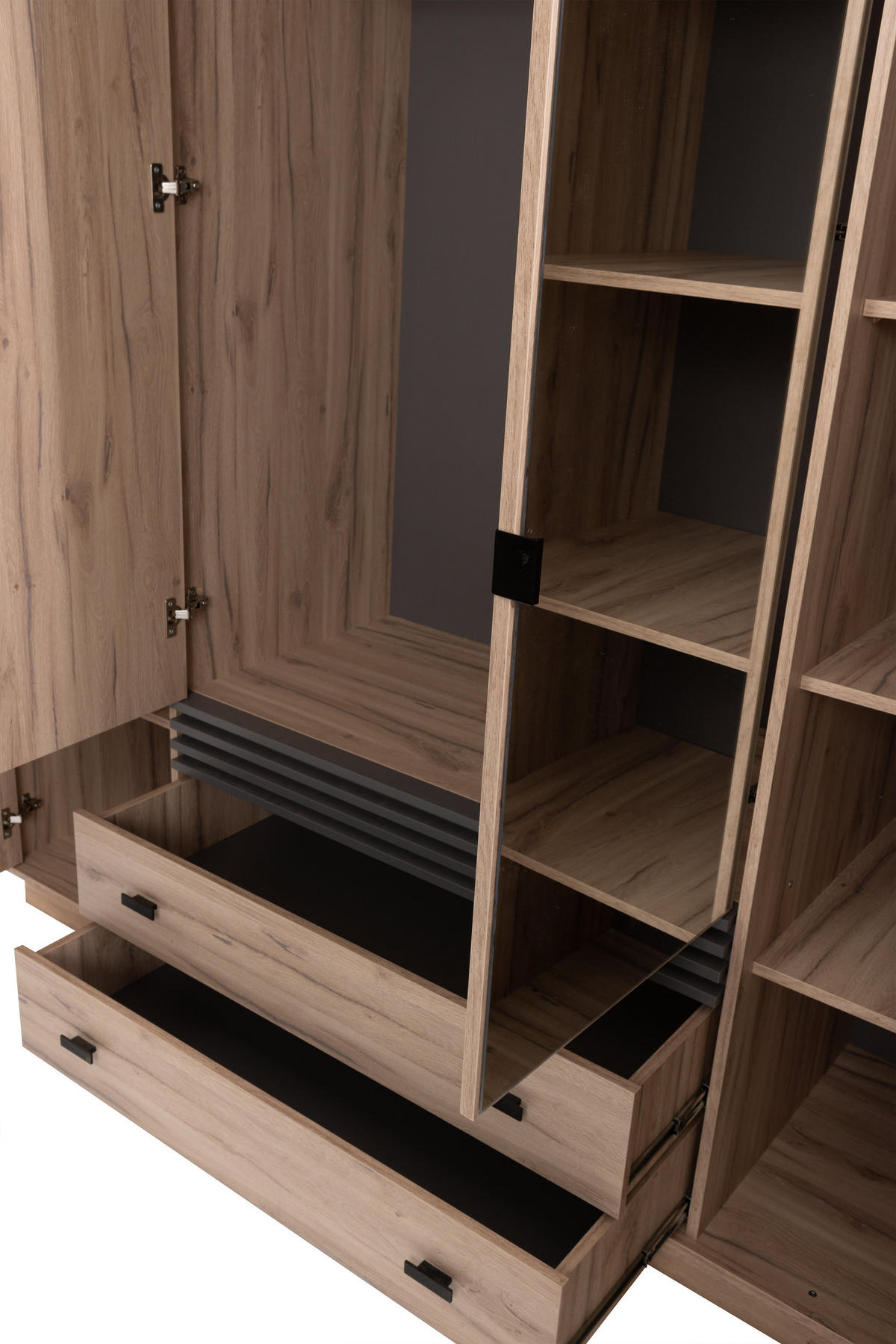 DREHTÜRENSCHRANK PUNTO 200/210/56cm 4-türig mit Spiegel Eichefarben - Eichefarben/Anthrazit, Holzwerkstoff (200/210/56cm) - MASSENO