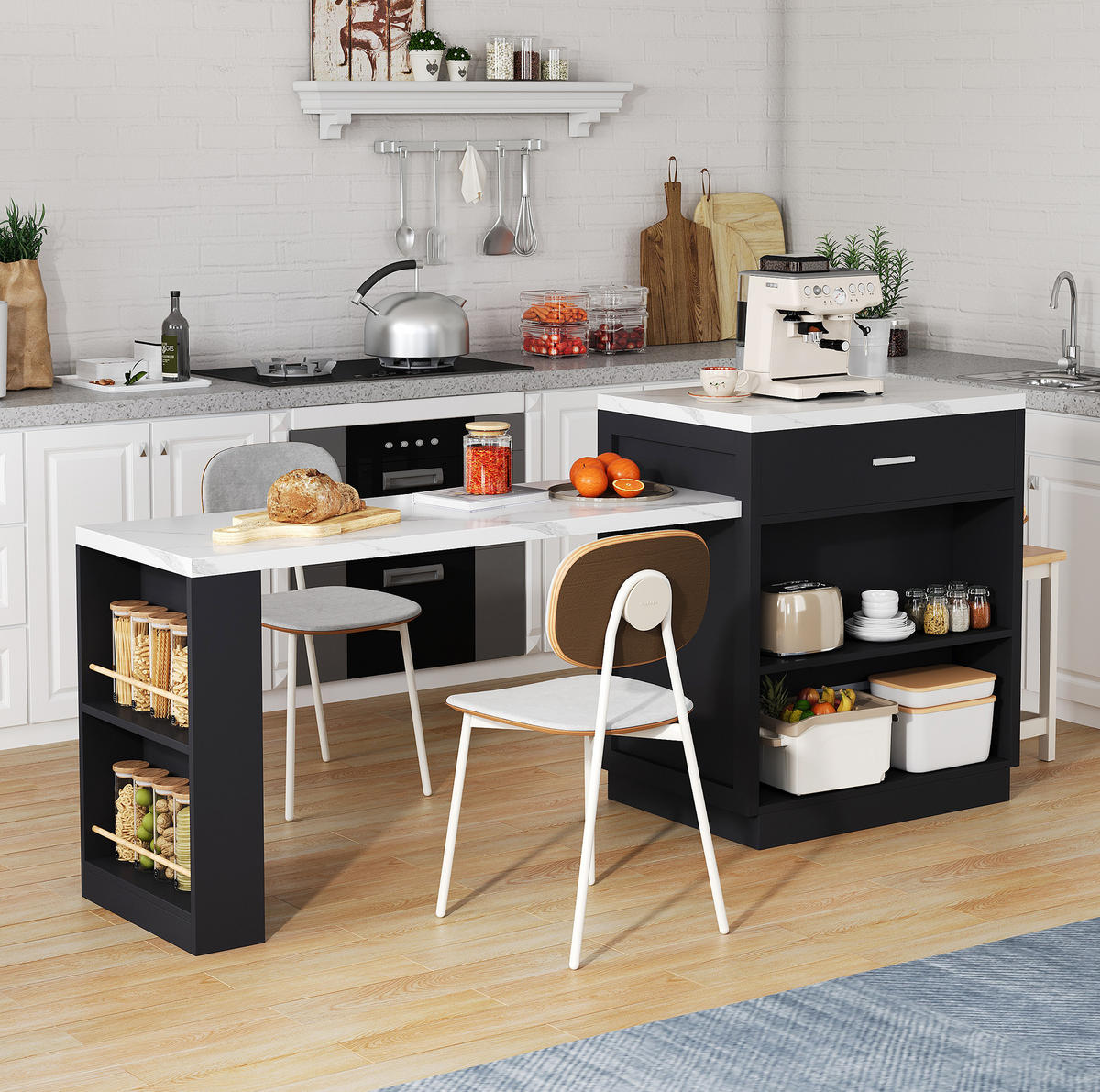 KUECHENINSEL mit ausziehbarem Esstisch 211 x 55 x 89,5 cm MDF Schwarz - Schwarz, Holz (55/89.5/211cm) - Beauniv