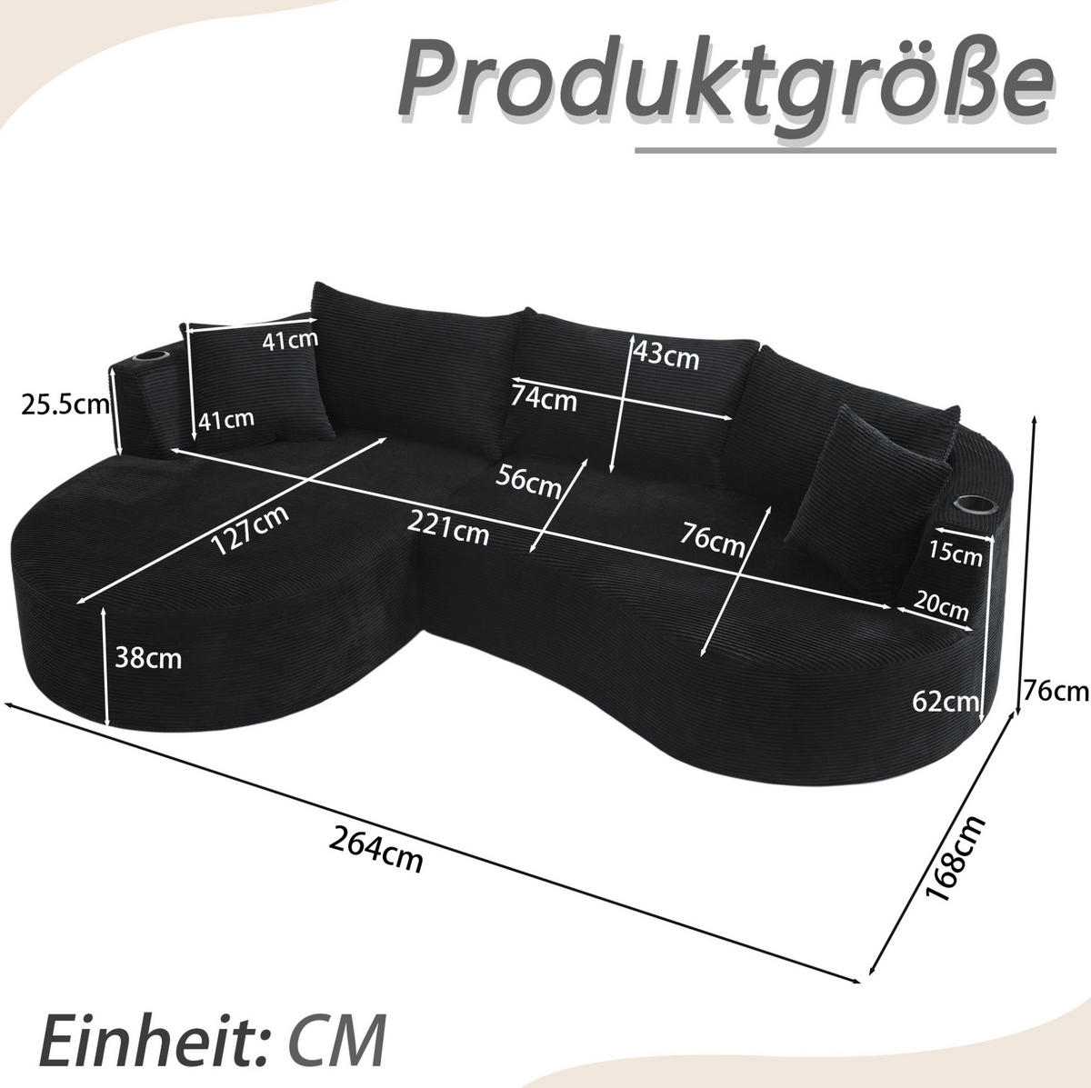 SOFA 3-Sitzer mit Getränkehaltern und Kissen aus weichem Kordstoff, Schwarz - Schwarz, Kunststoff (264/76/168cm) - Redom