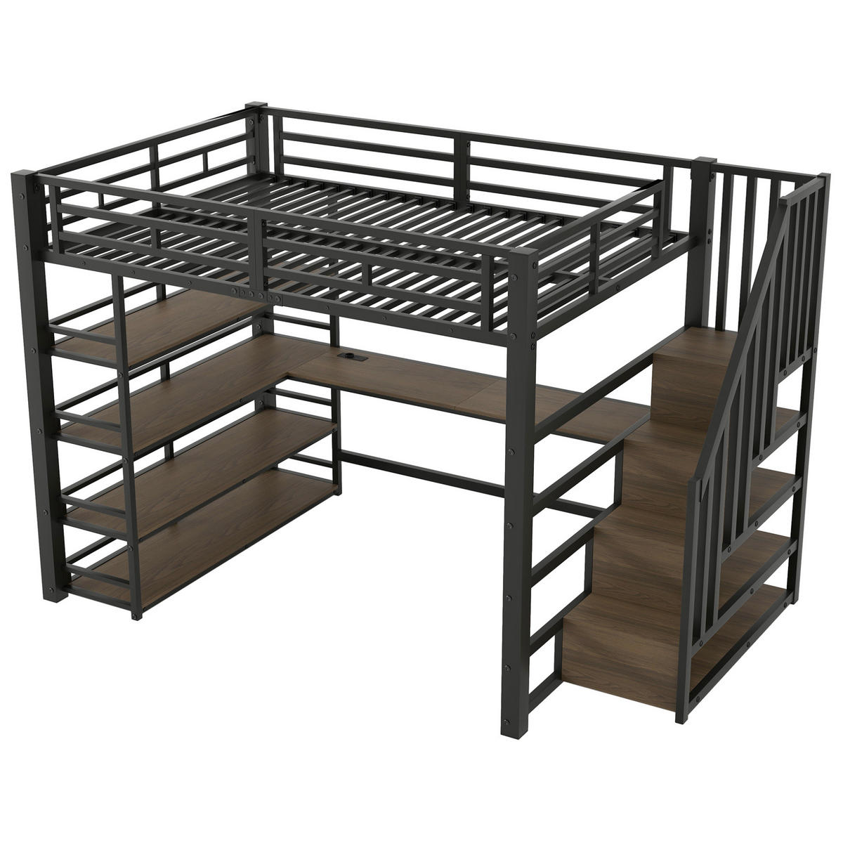 VYVÝŠENÁ posteľ 140/200 cm čierna z kovu a MDF s písacím stolom, schodmi, policami, LED osvetlením a USB - čierna, kompozitné drevo (140/200cm) - OKWISH