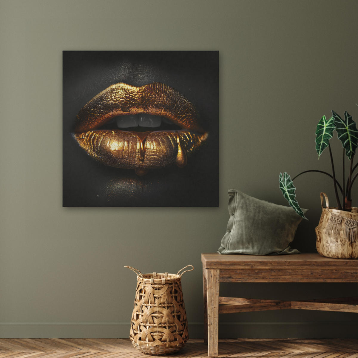 AKUSTIKBILD Frau - Porträt - Lippen - Gold - Schwarz Akustikpaneele 80x80 cm - Schwarz, Kunststoff (80/80/0.9cm) - MuchoWow