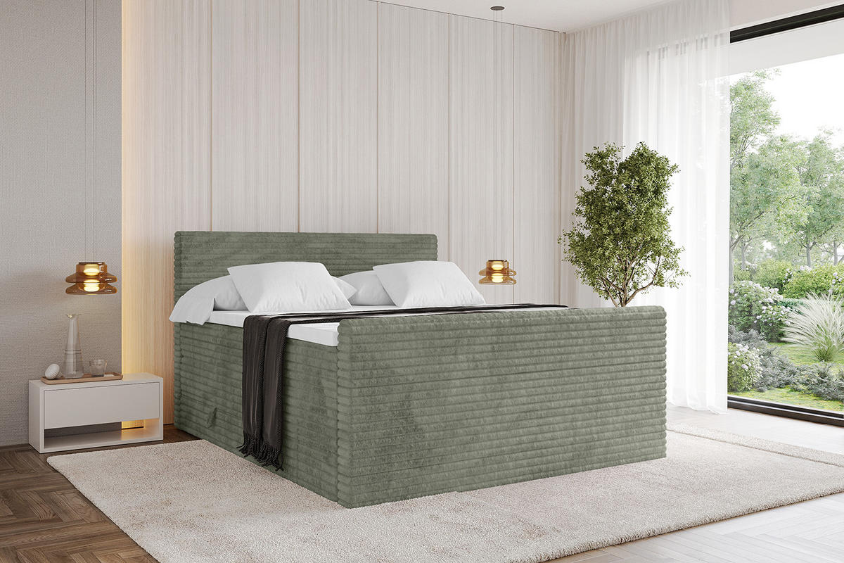 BOXSPRINGBETT mit Matratze H3|H4 und Lattenrost - TOLO-Z KING-v1 200x200 Cord - Olive - Olivgrün, Holzwerkstoff (200/200cm)