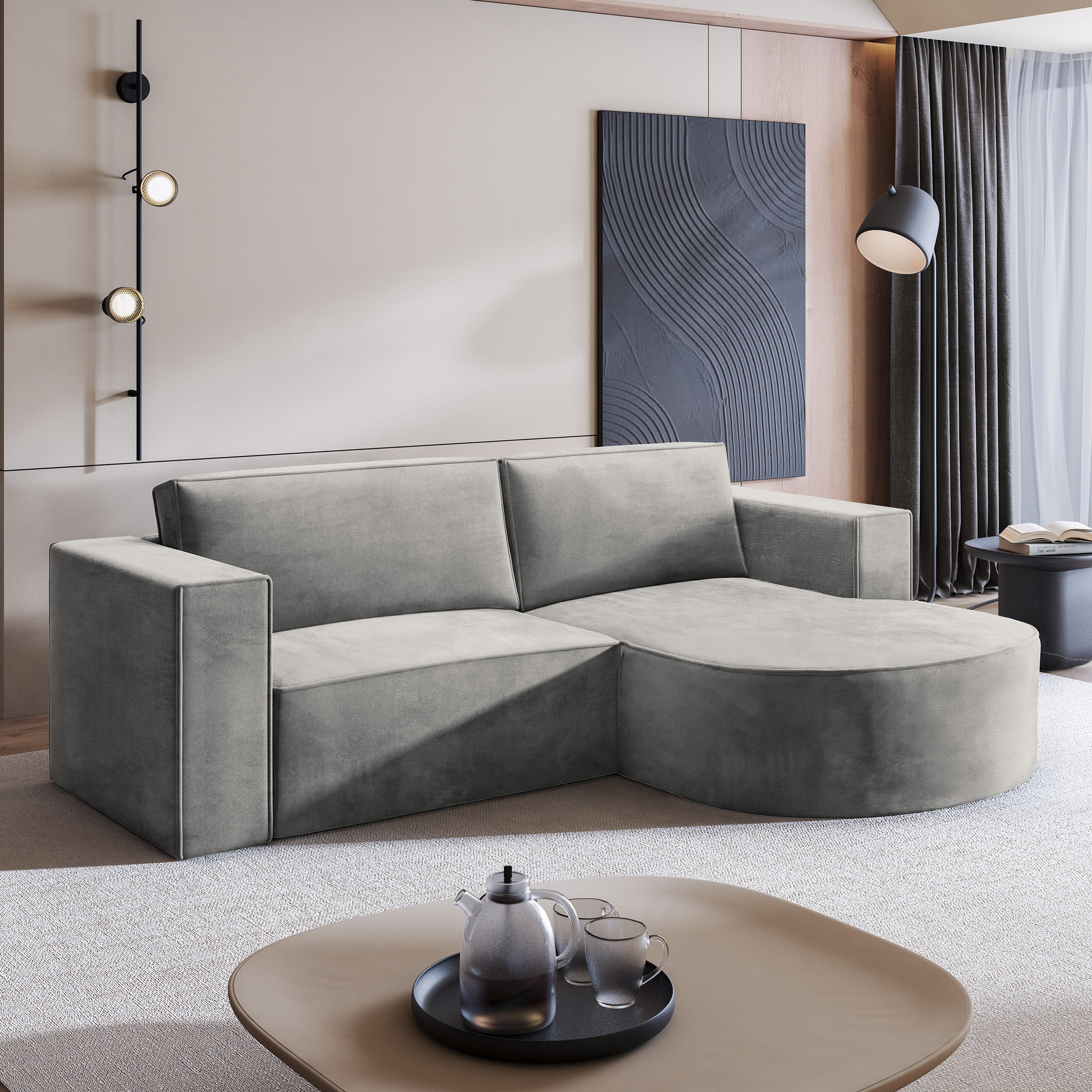 ECKSOFA SORELA M R-S Hellgrau Velours-Stoff mit Schlaffunktion - Hellgrau, Holz (263/174cm) - MASSENO