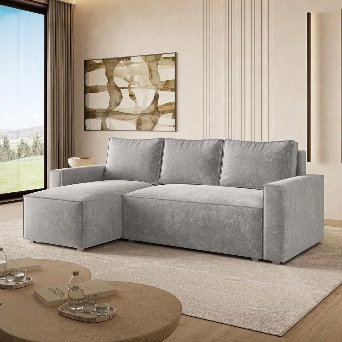 ECKSOFA POTARO LM Hellgrau Chenille mit Schlaffunktion - Hellgrau, Holzwerkstoff/Textil (232/140cm) - MASSENO