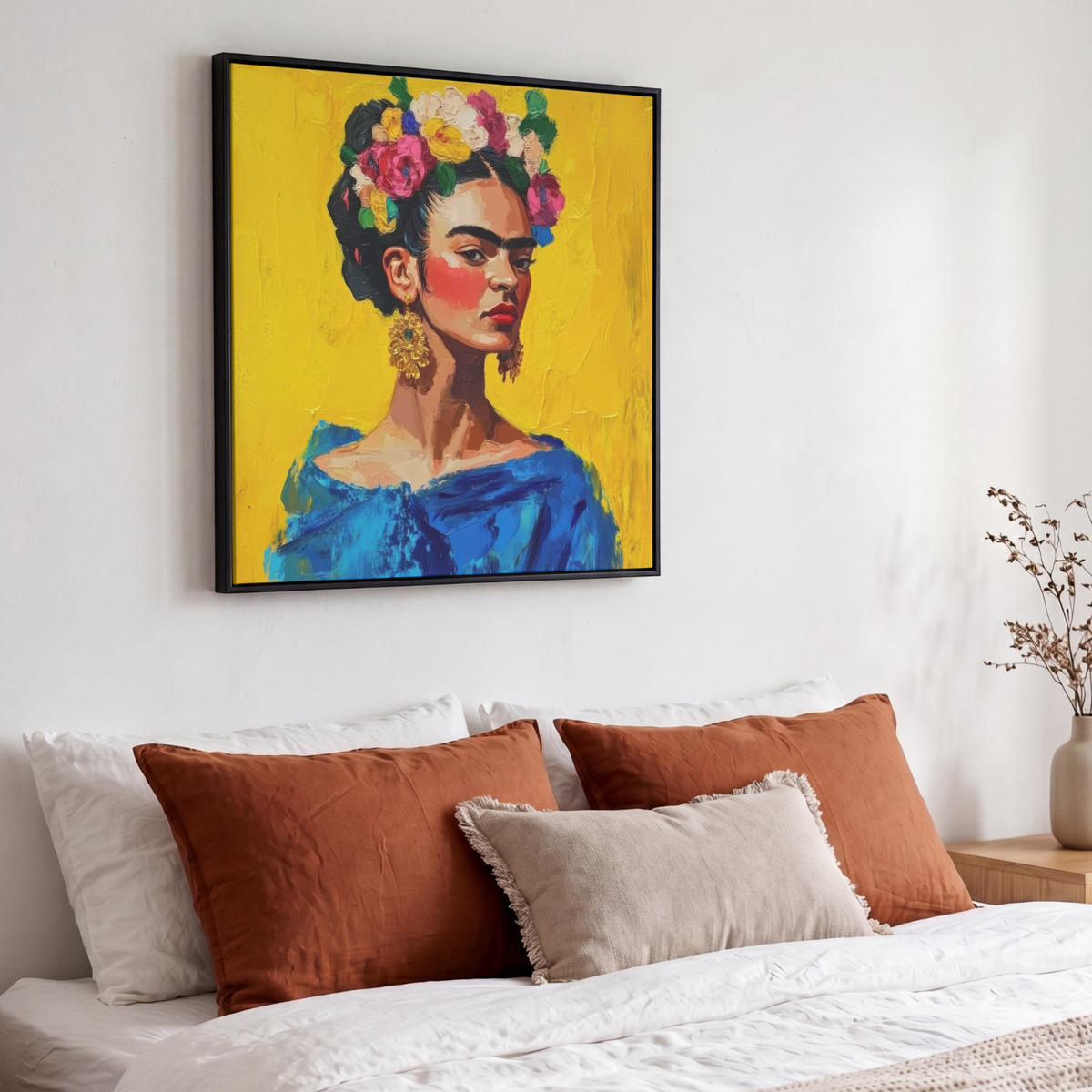LEINWAND Bilder mit Rahmen - Frida Kahlo - Frau - Gelb - Blau - Blumen - 50x50 - Gelb, Textil (50/50cm) - MuchoWow