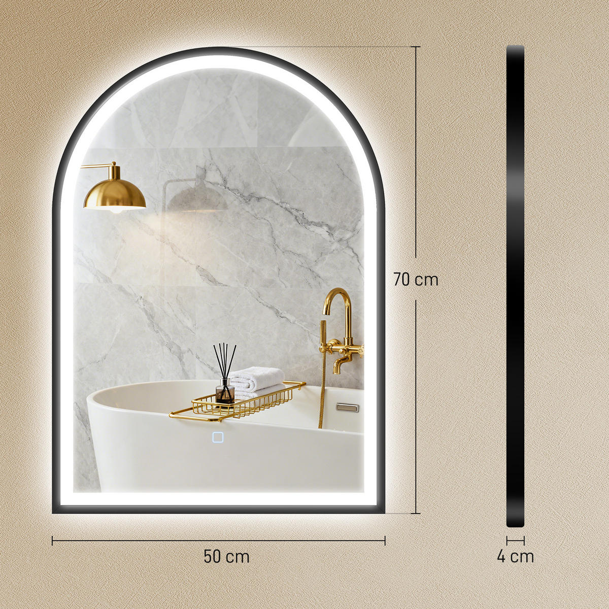 BADEZIMMERSPIEGEL DE-15196 gewölbt, 3 LED-Farben, dimmbar, Antibeschlag Schwarz - Schwarz, Glas (4/70/50cm) - ComfortXL