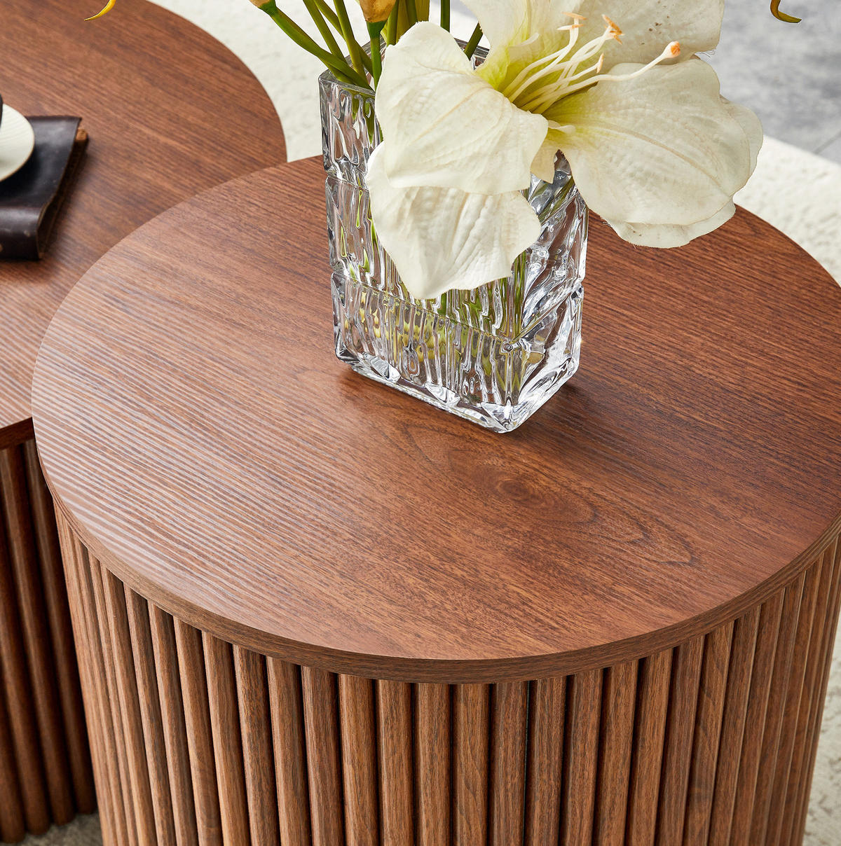 COUCHTISCH-SET 65/65/40 cm 2-teilig mit Stauraum und geriffeltem Säulendesign, Walnuss - Walnussfarben, Holzwerkstoff (65/65/40cm) - Redom